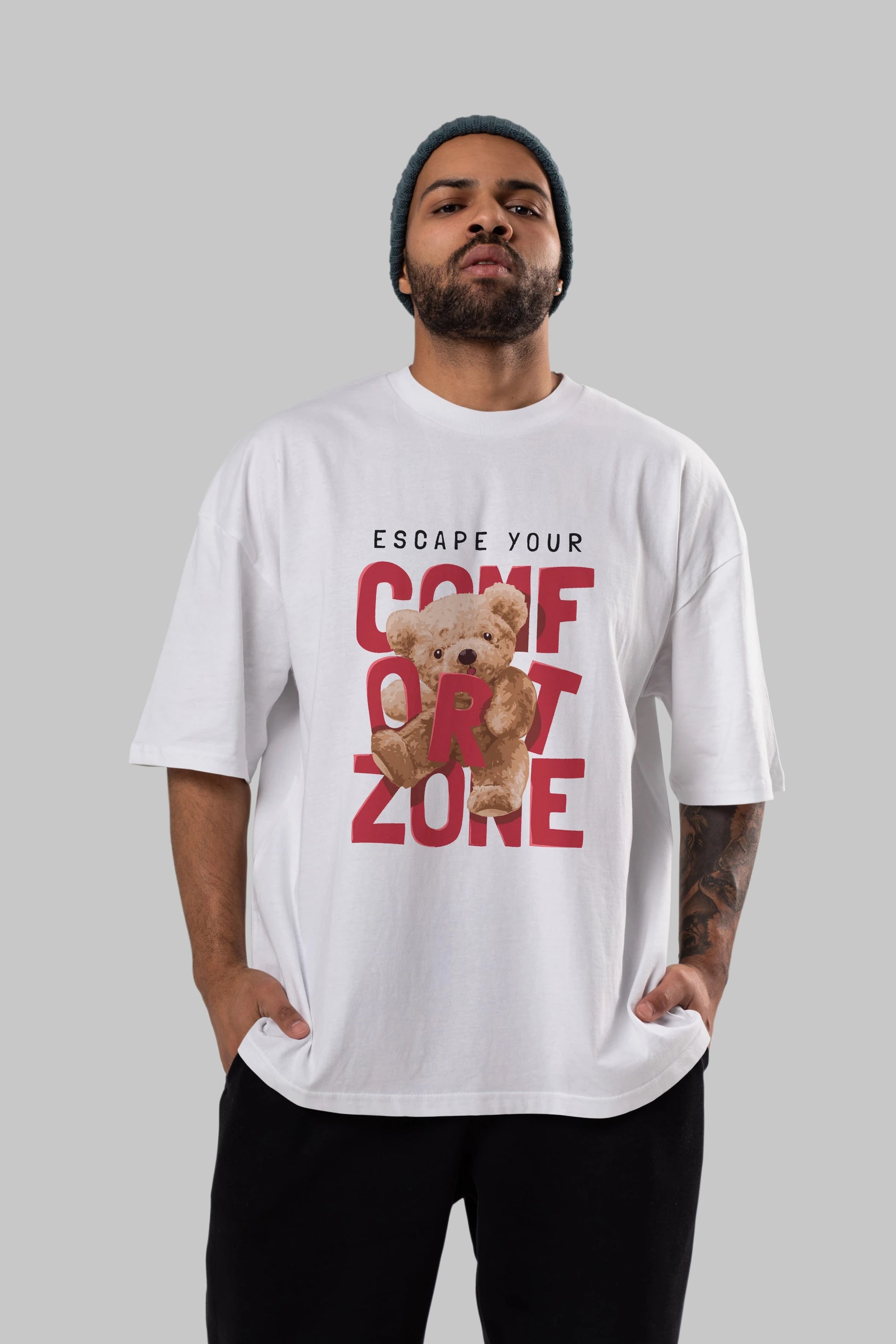 Teddy Bear Escape Comfort Zone Ön Baskılı Oversize t-shirt Erkek Kadın Unisex %100 Pamuk