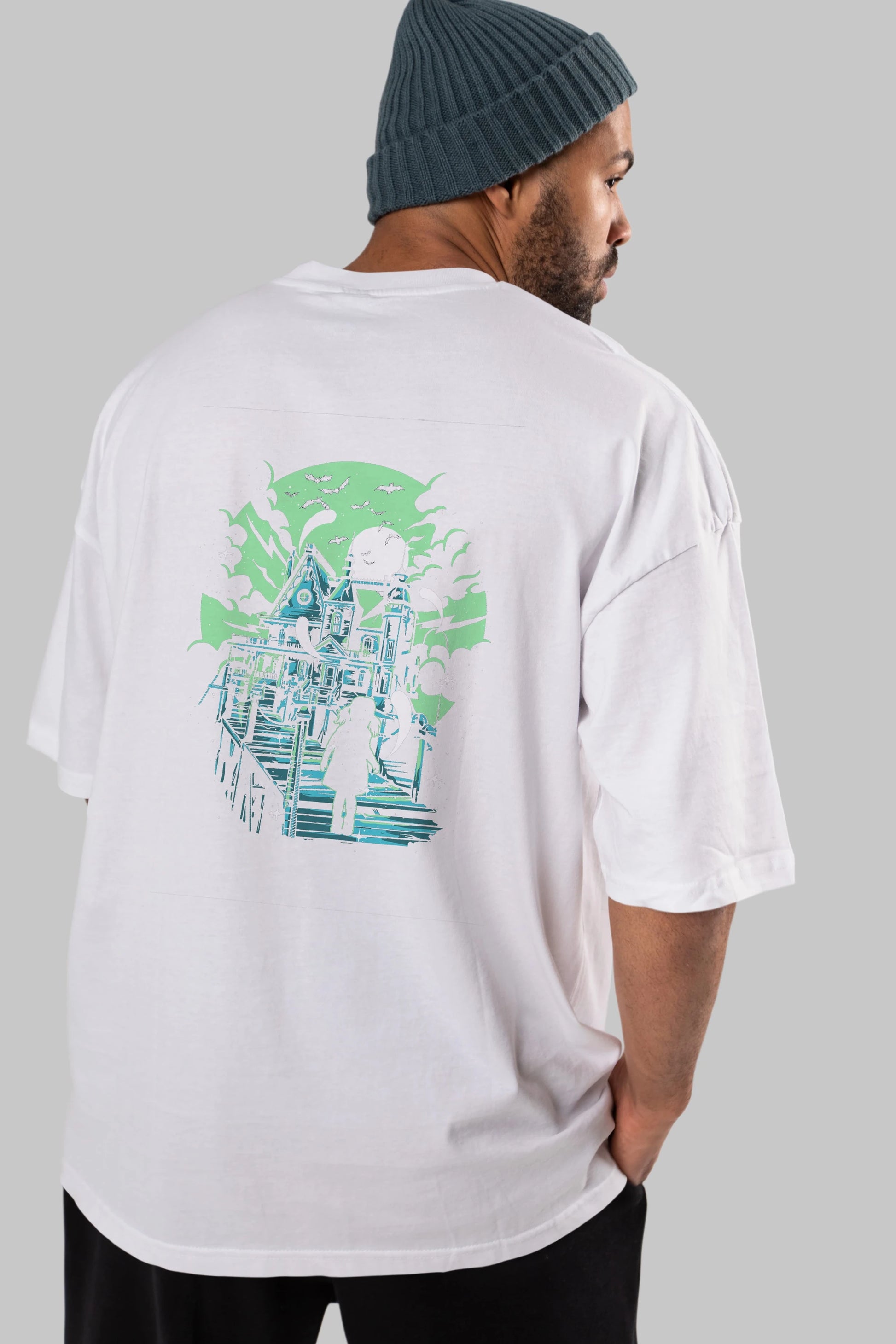 Haunted House Arka Baskılı Oversize t-shirt Erkek Kadın Unisex %100 Pamuk