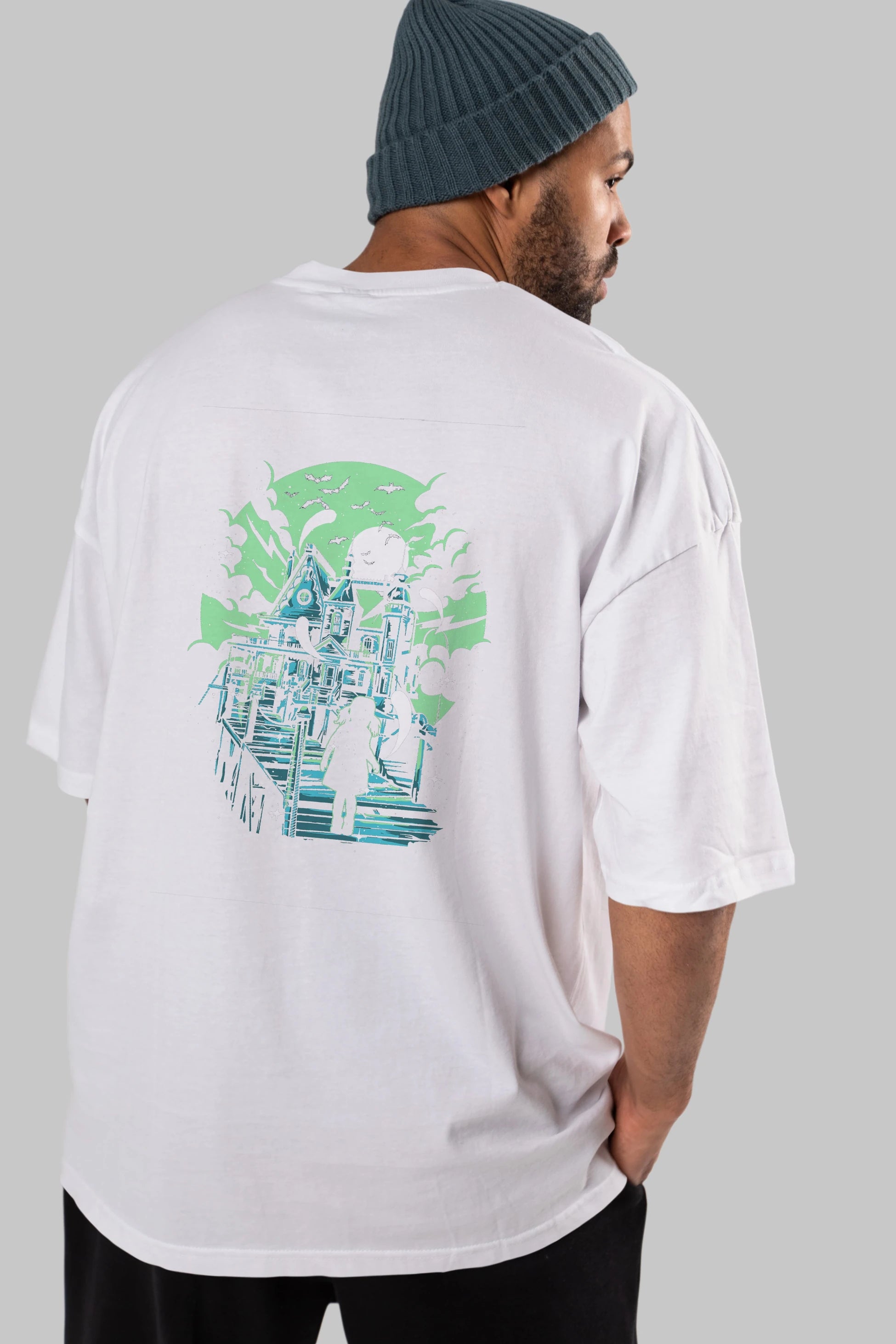 Haunted House Arka Baskılı Oversize t-shirt Erkek Kadın Unisex %100 Pamuk