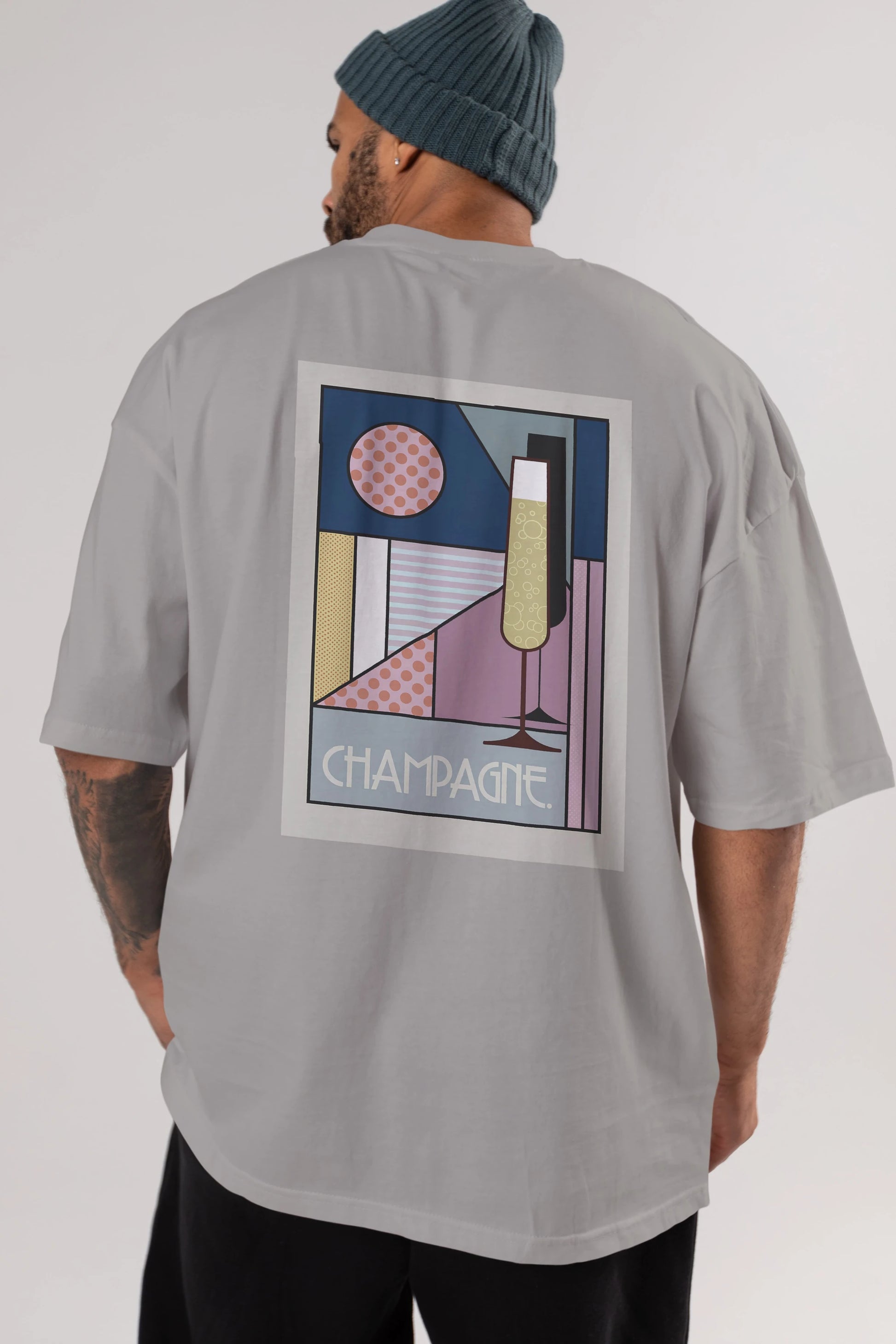 Champagne Arka Baskılı Oversize t-shirt Erkek Kadın Unisex %100 Pamuk Bisiklet Yaka tişort