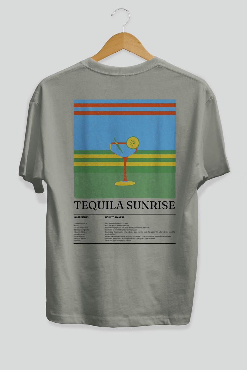 Tequila Sunrise Kokteyl Serisi Arka Baskılı Oversize t-shirt Erkek Kadın %100 Pamuk Bisiklet Yaka tişort