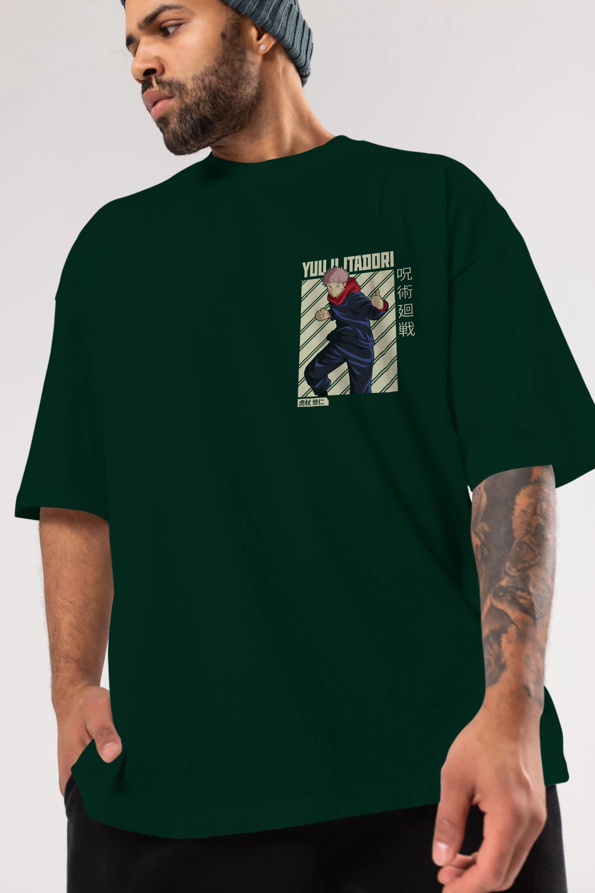 Yuuji Itadori 1 Ön Sol Baskılı Oversize t-shirt Erkek Kadın Unisex %100 Pamuk Bisiklet Yaka tişort