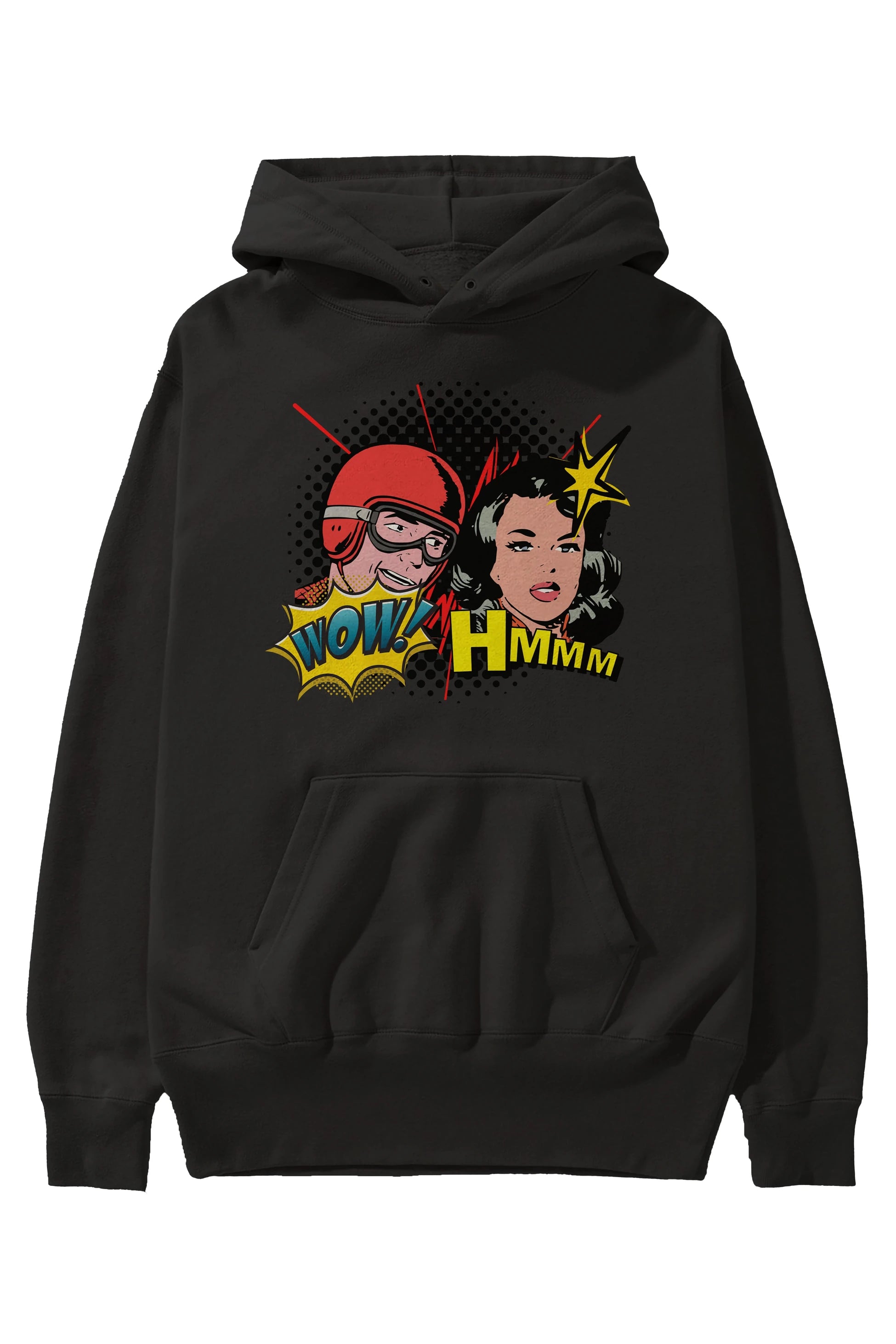 Comic Wow Yazılı Ön Baskılı Oversize Hoodie Kapüşonlu Sweatshirt Erkek Kadın Unisex