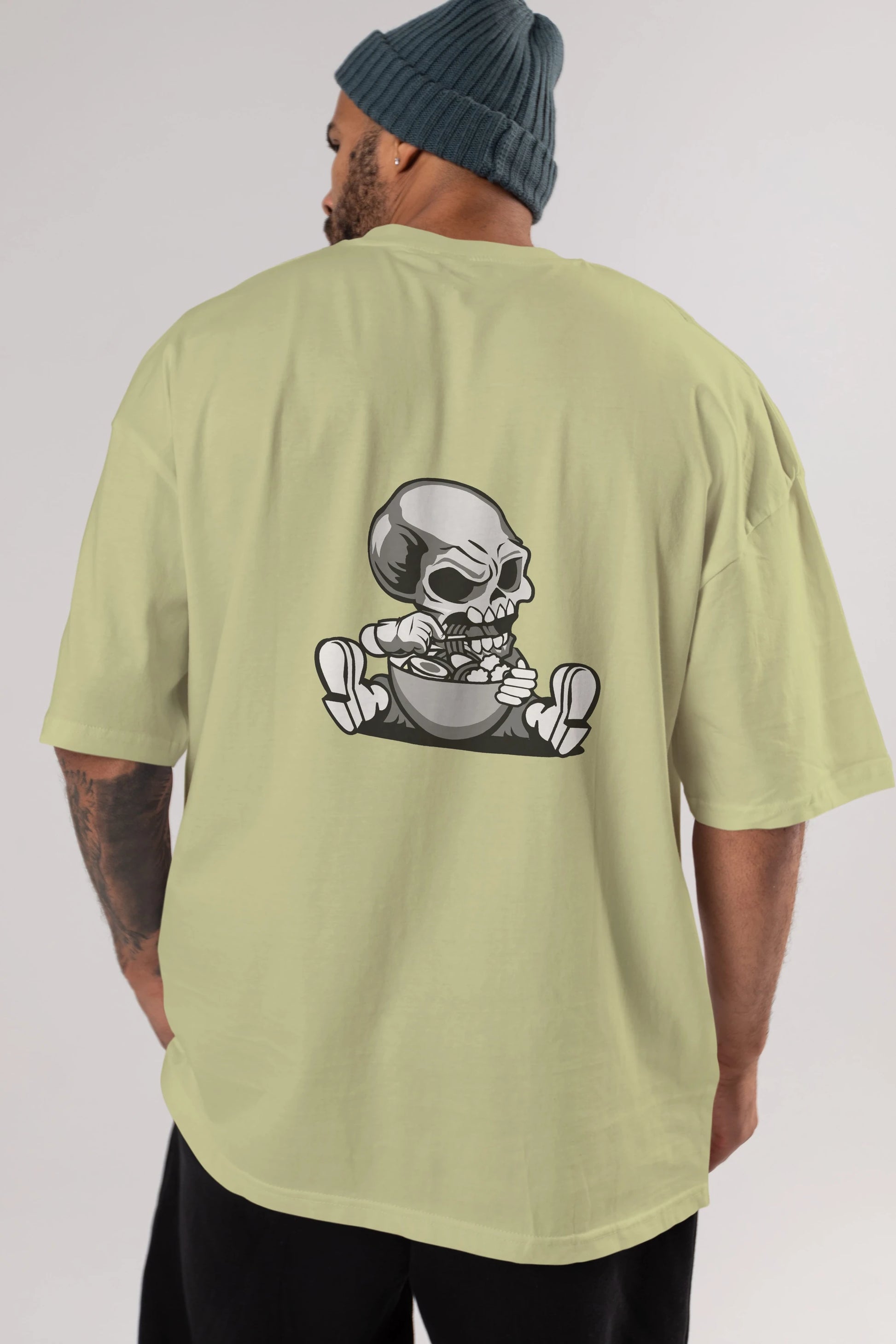 Skull Eat Ramen Arka Baskılı Oversize t-shirt Erkek Kadın Unisex %100 Pamuk tişort