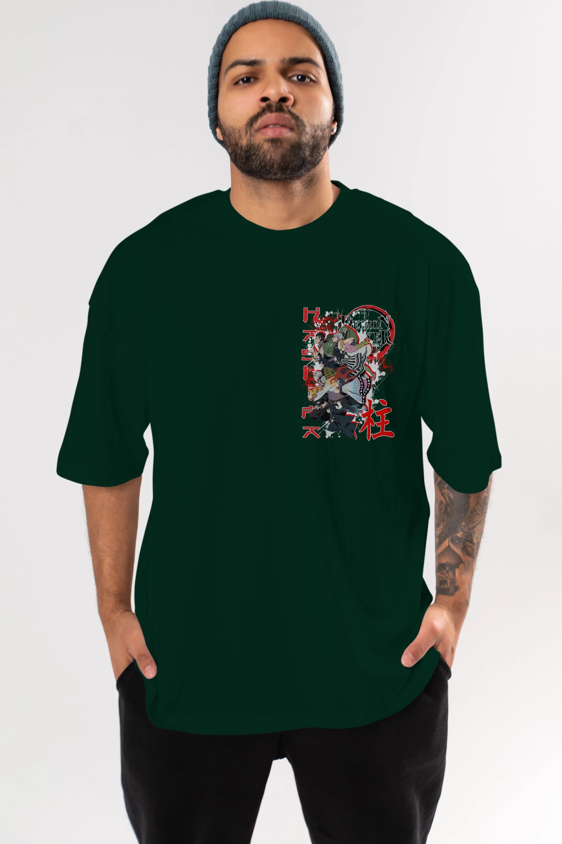 DEMON SLAYER SLAYERS Ön Sol Baskılı Oversize t-shirt Erkek Kadın Unisex %100 Pamuk Bisiklet Yaka tişort