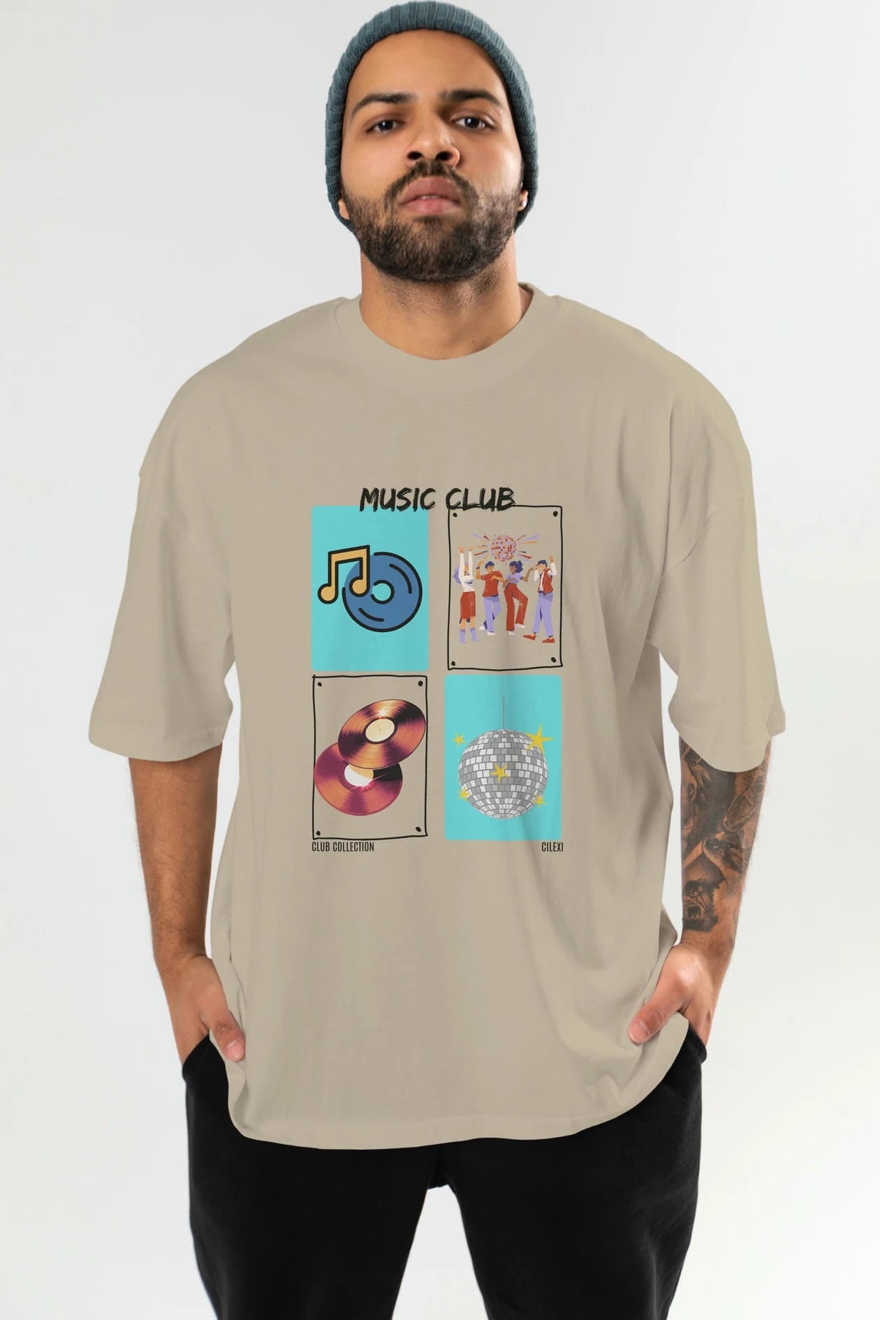 Music Club ön Baskılı Oversize t-shirt Erkek Kadın %100 Pamuk Bisiklet Yaka tişort