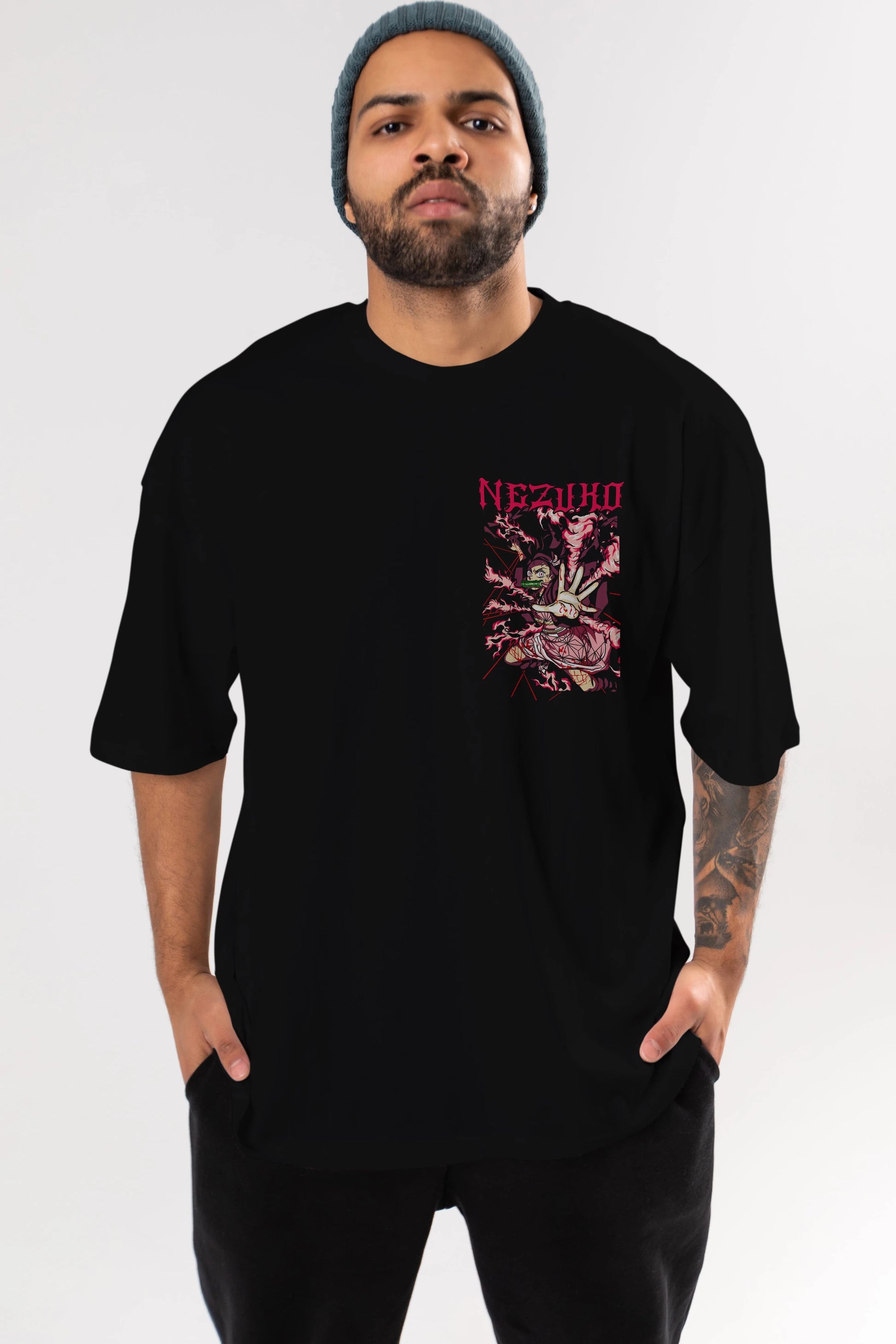 NEZUKO KAMADO Ön Sol Baskılı Oversize t-shirt Erkek Kadın Unisex %100 Pamuk Bisiklet Yaka tişort