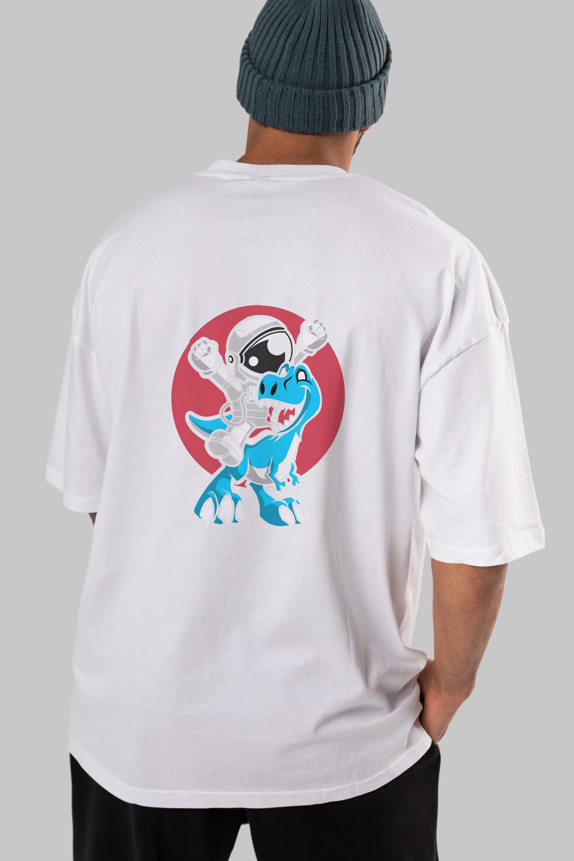 Astronaut Dino Arka Baskılı Oversize t-shirt Erkek Kadın Unisex %100 Pamuk tişort