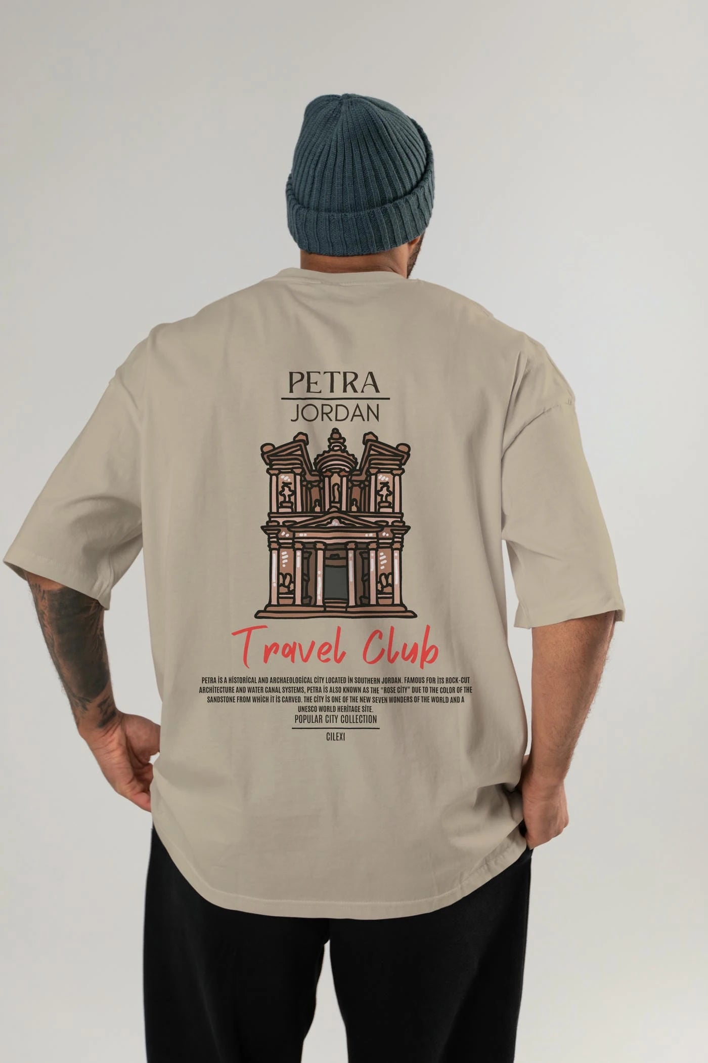 Petra Jordan Arka Baskılı Oversize t-shirt Erkek Kadın Pamuk Bisiklet Yaka tişort