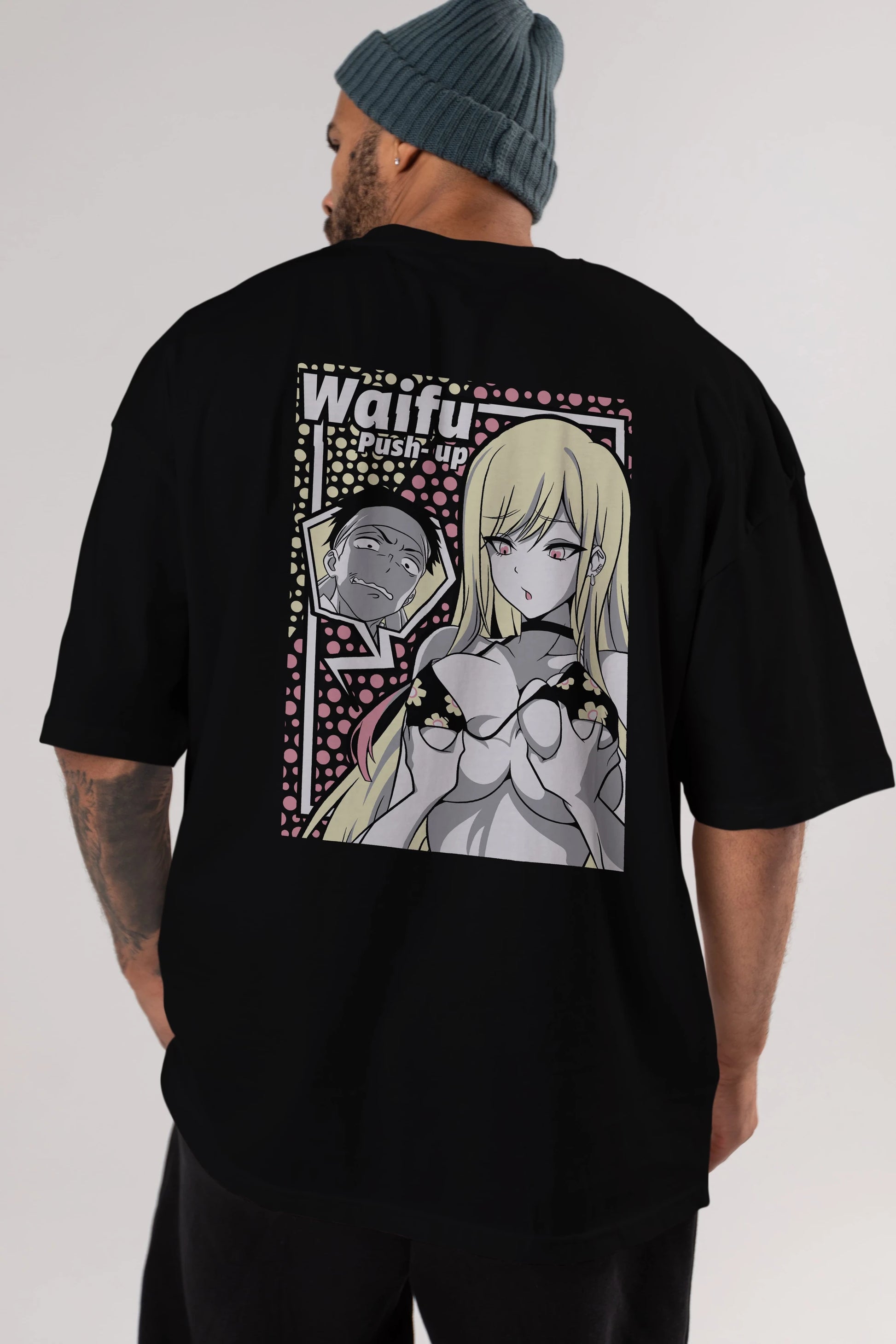 Waifu PushUp Anime Arka Baskılı Oversize t-shirt Erkek Kadın Unisex