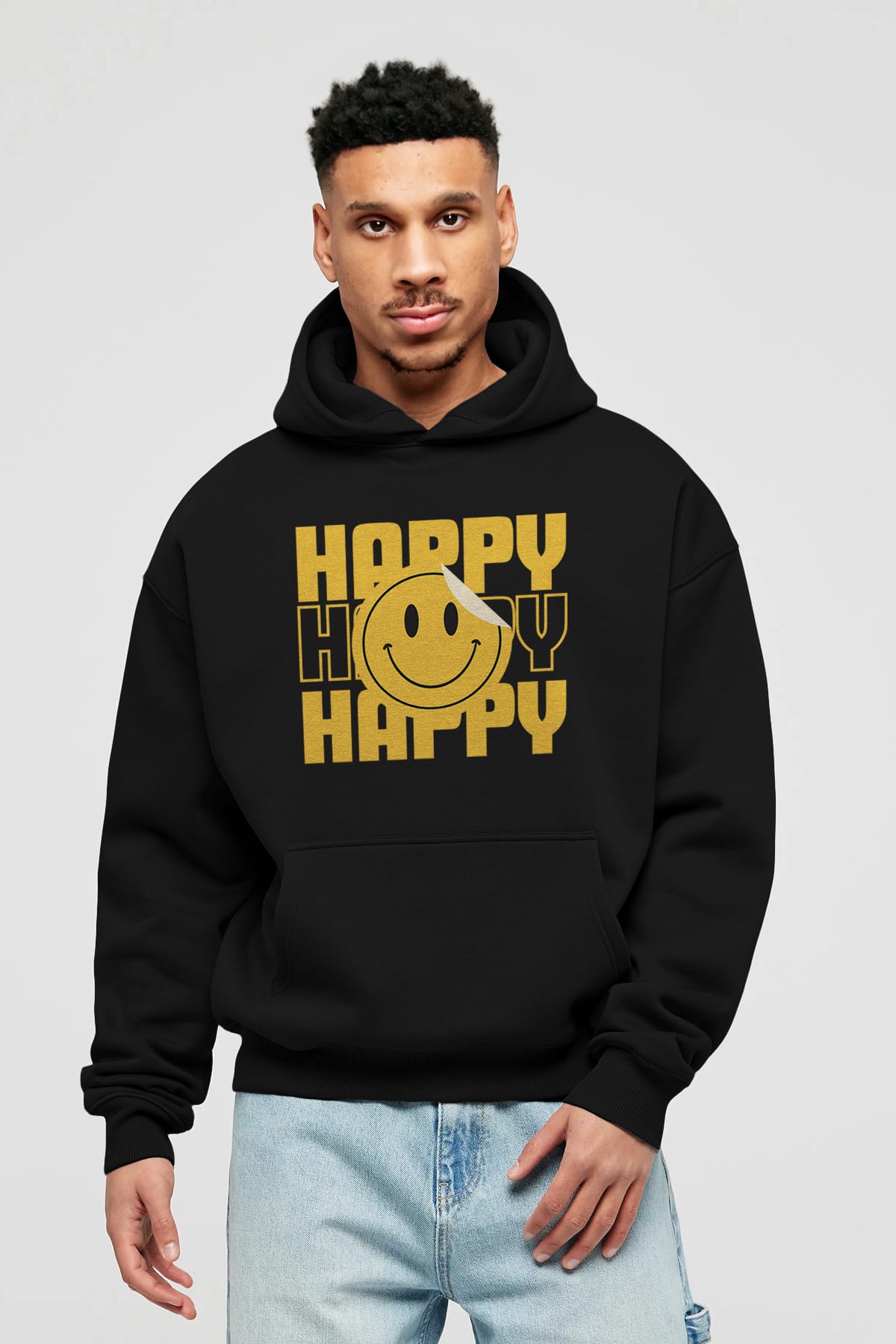 Happy Smile Yazılı Ön Baskılı Oversize Hoodie Kapüşonlu Sweatshirt Erkek Kadın Unisex