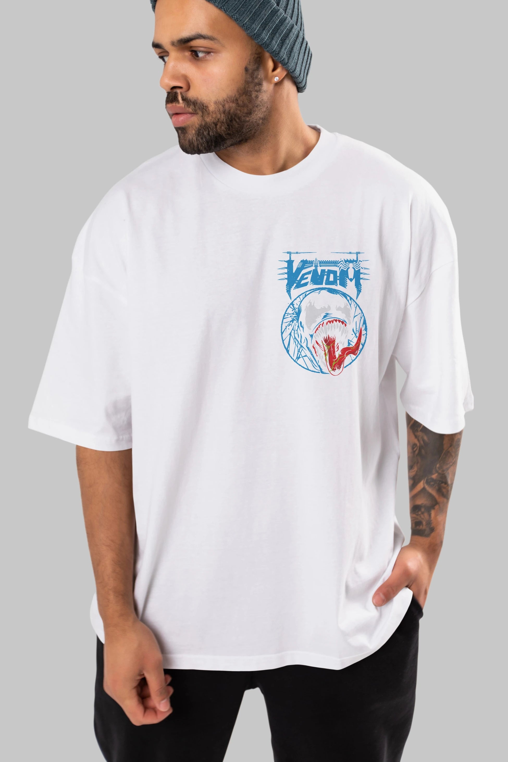 Venom (23) Ön Sol Baskılı Oversize t-shirt Erkek Kadın Unisex %100 Pamuk Bisiklet Yaka tişort