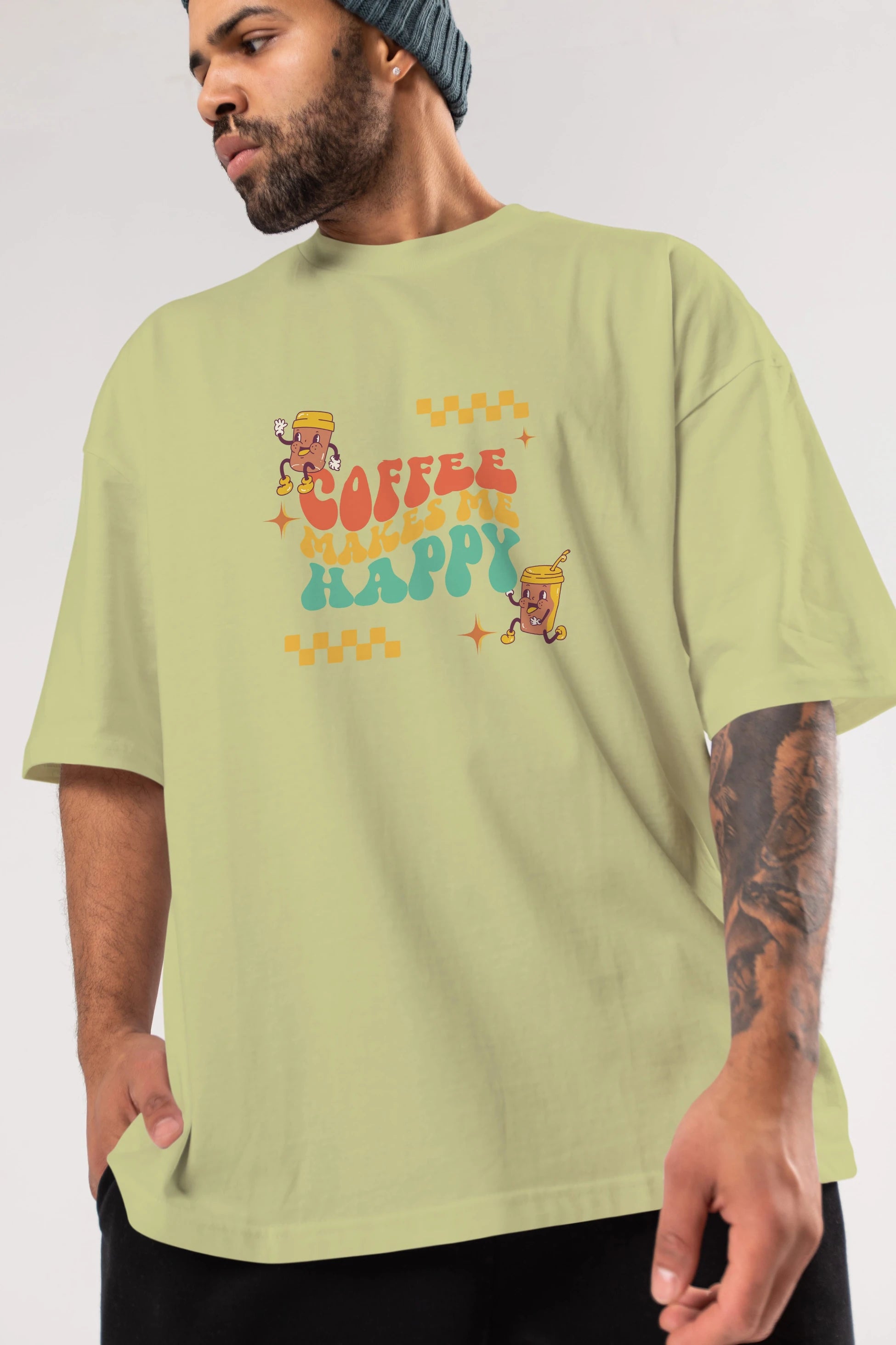 Coffee Makes Me Happy Yazılı Ön Baskılı Oversize t-shirt Erkek Kadın Unisex