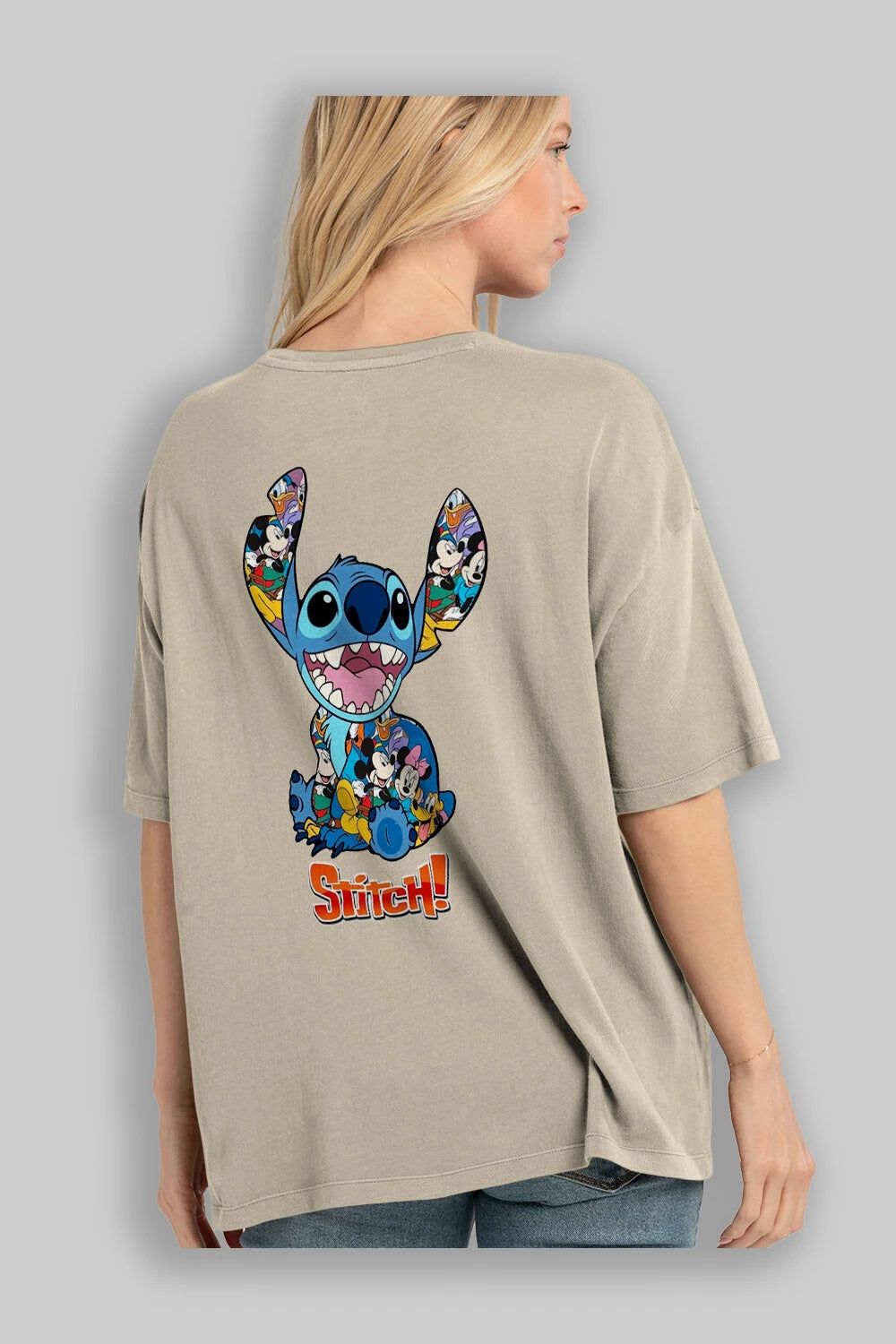 Stitch Arka Baskılı Oversize t-shirt Erkek Kadın Unisex %100 Pamuk Bisiklet Yaka tişort