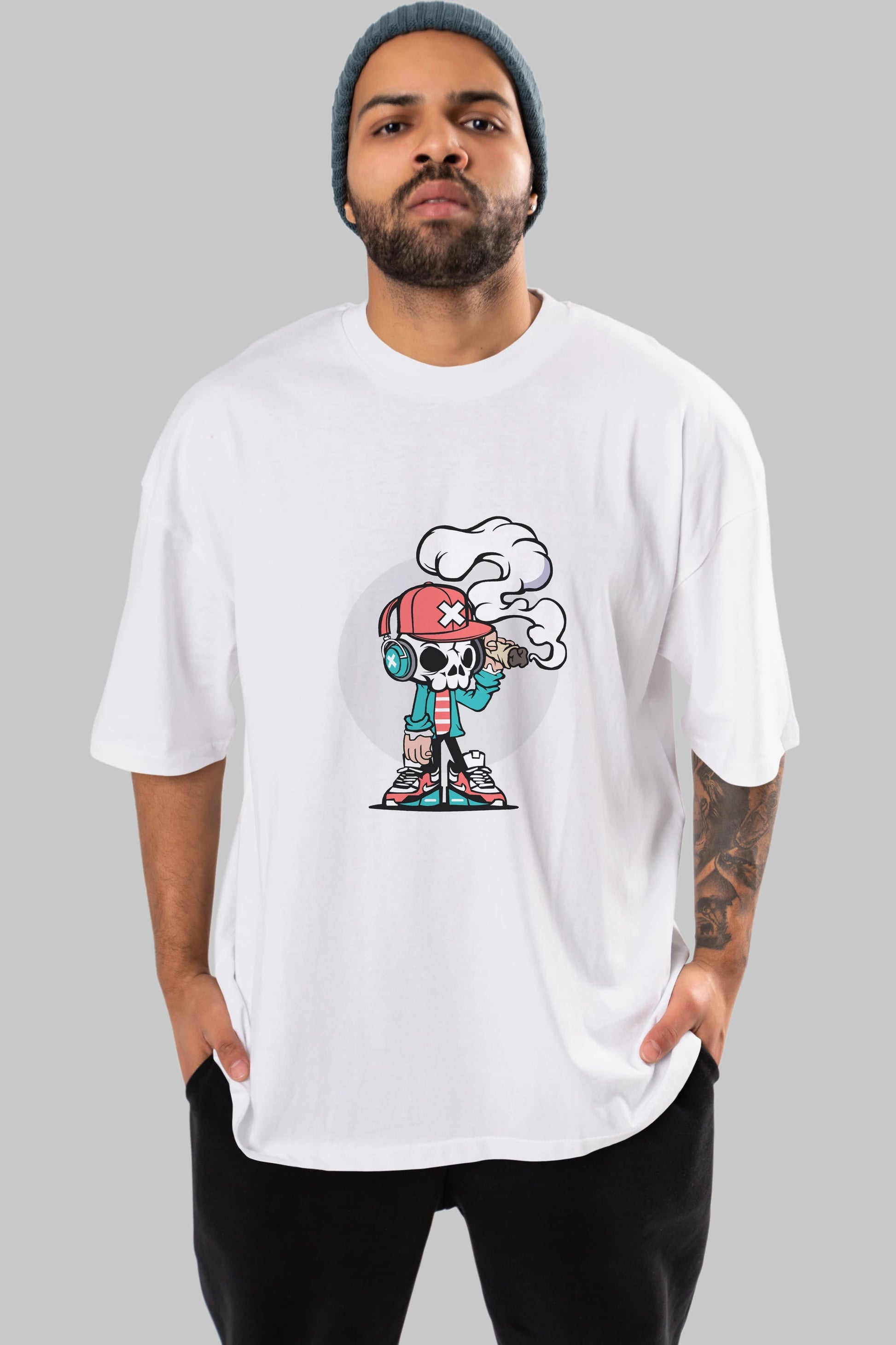 Skull Headphone Ön Baskılı Oversize t-shirt Erkek Kadın Unisex %100 Pamuk tişort