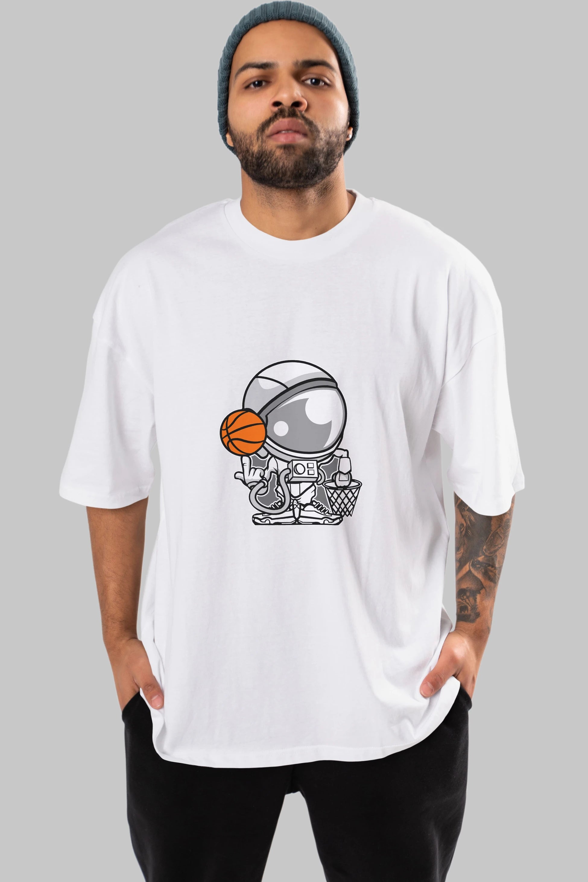 Astronaut Basketball Ön Baskılı Oversize t-shirt Erkek Kadın Unisex %100 Pamuk tişort