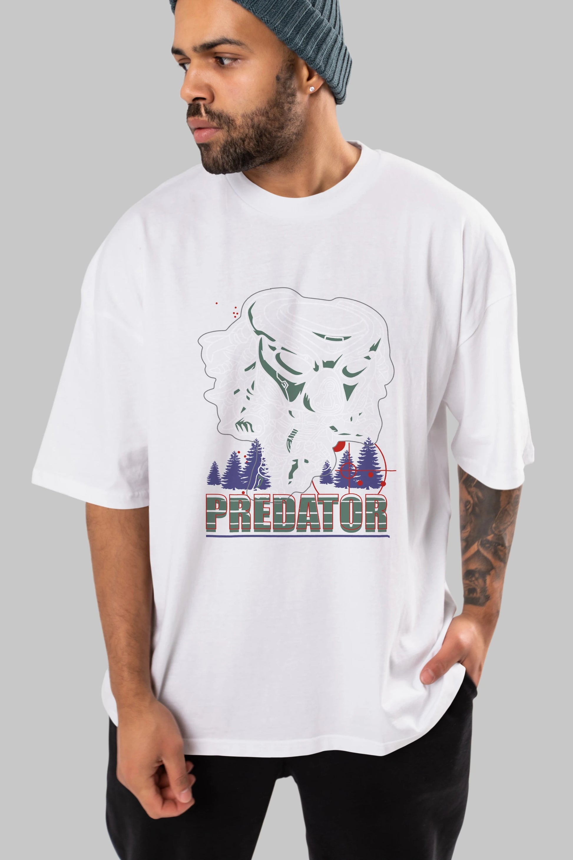 Predator Ön Baskılı Oversize t-shirt Erkek Kadın Unisex %100 Pamuk Bisiklet Yaka tişort