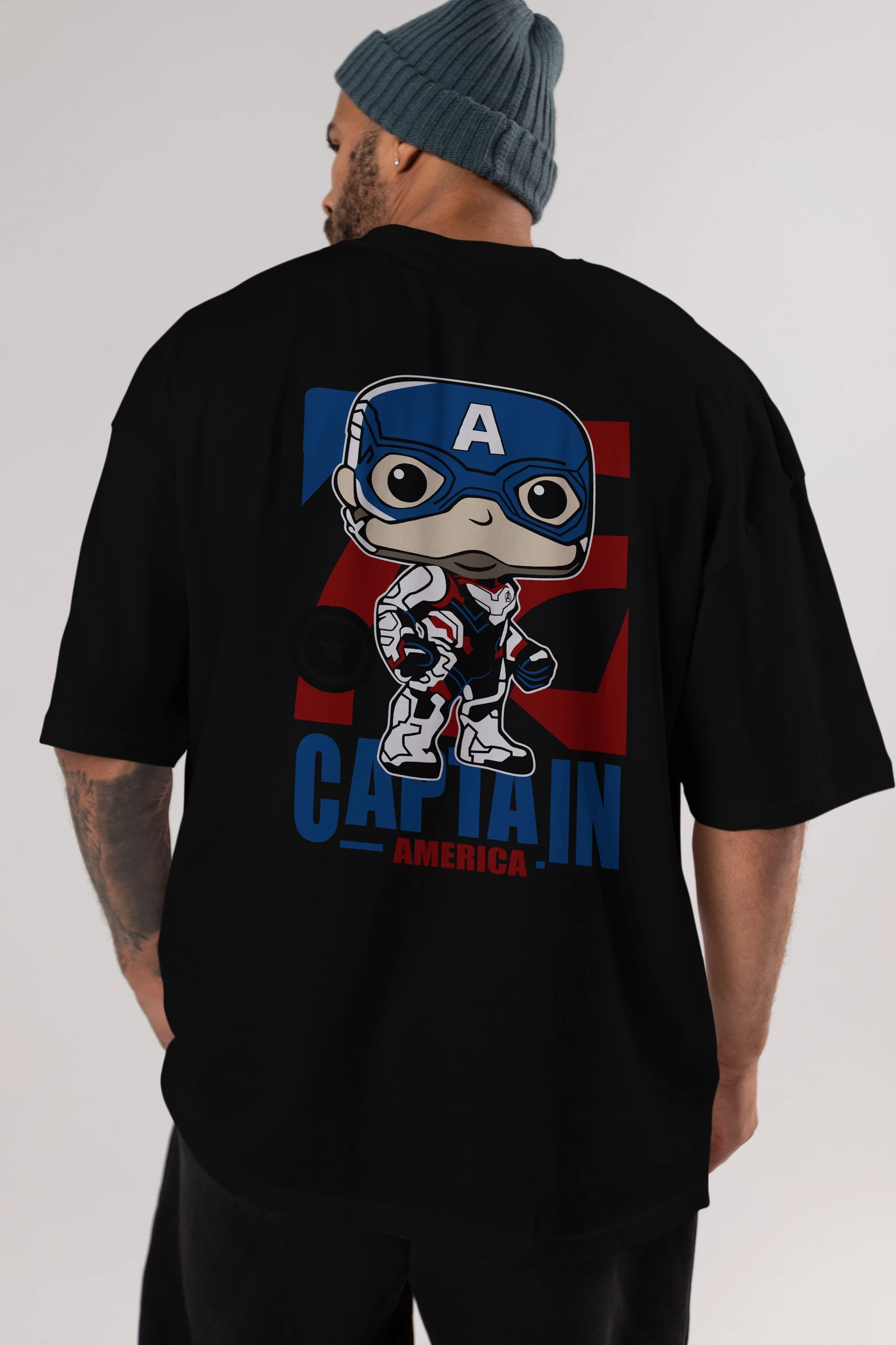 Captain America Arka Baskılı Oversize t-shirt Erkek Kadın Unisex %100 Pamuk Bisiklet Yaka tişort