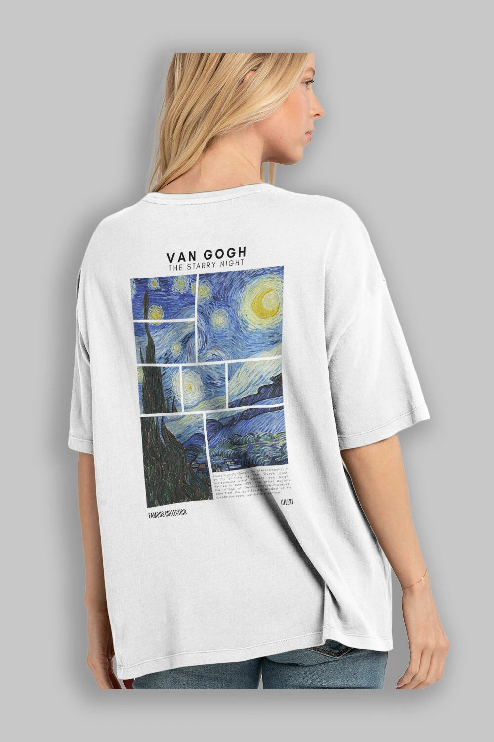 Van Gogh The Starry Night Arka Baskılı Oversize t-shirt Erkek Kadın Bisiklet Yaka Pamuk tişort