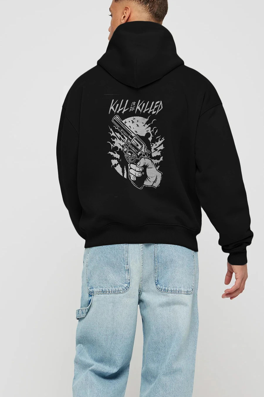 Zombie Shooter Arka Baskılı Hoodie Oversize Kapüşonlu Sweatshirt Erkek Kadın Unisex