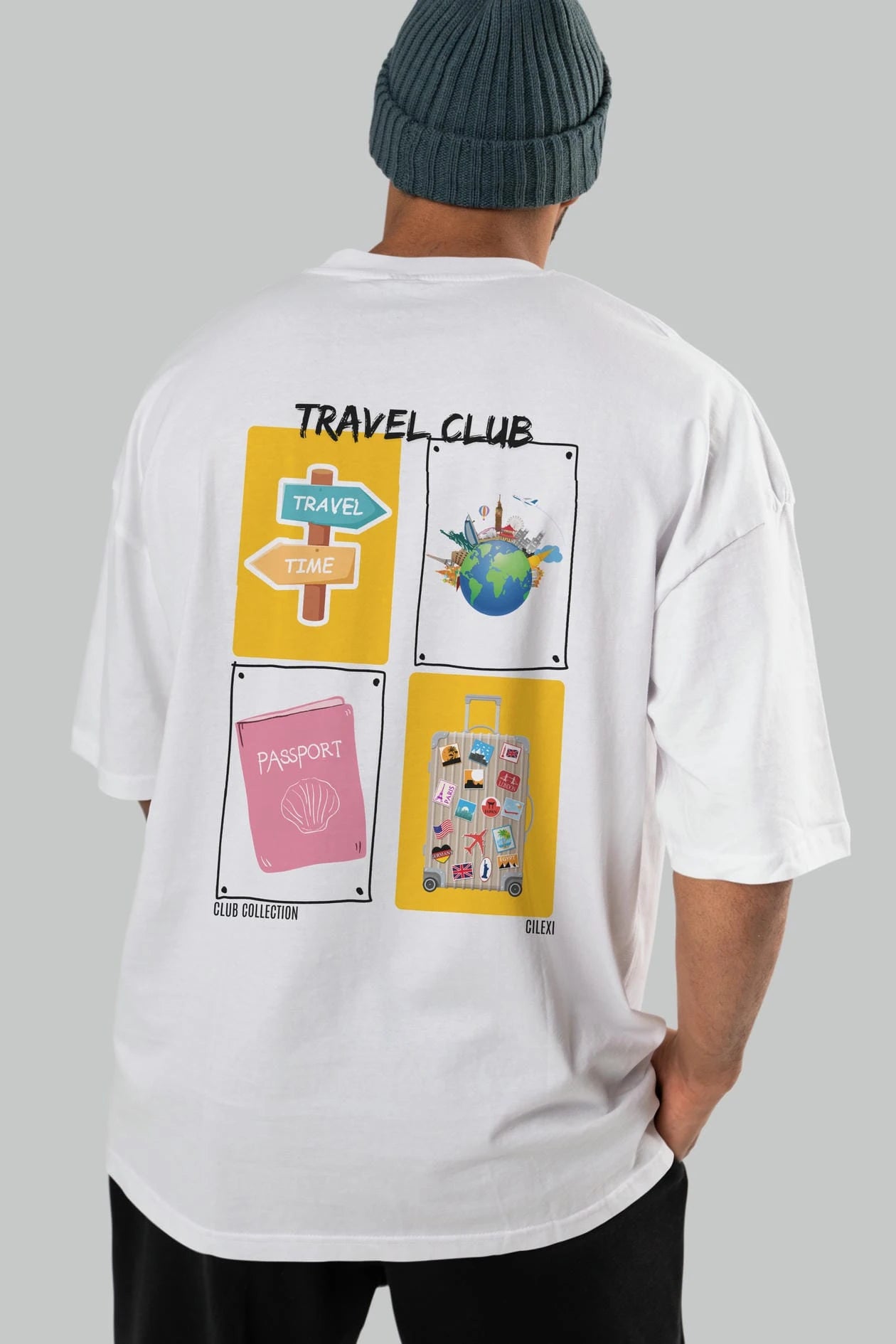 Travel Club Arka Baskılı Oversize t-shirt Erkek Kadın %100 Pamuk Bisiklet Yaka tişort