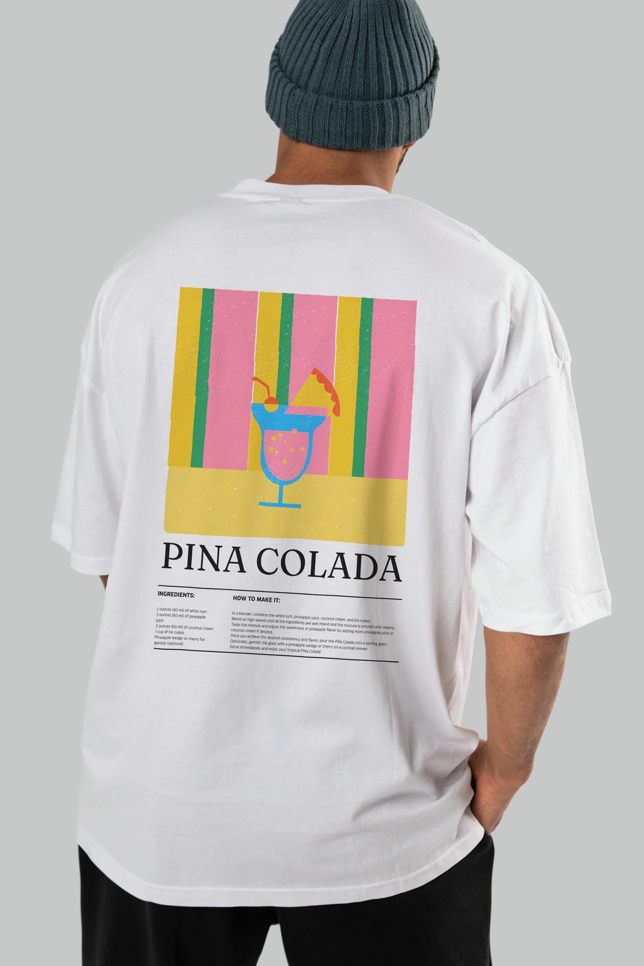 Pina Colada Kokteyl Serisi Arka Baskılı Oversize t-shirt Erkek Kadın %100 Pamuk Bisiklet Yaka tişort