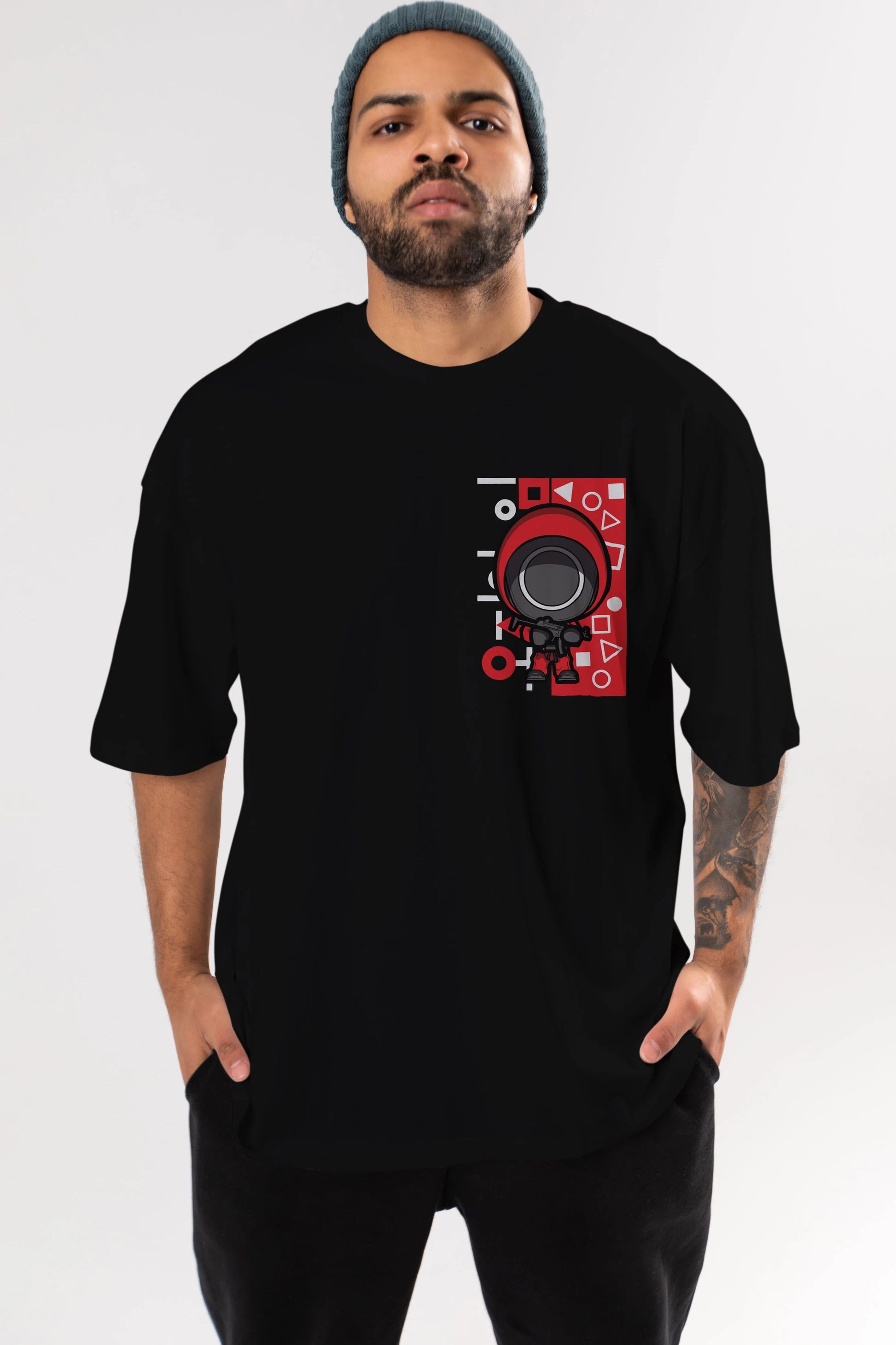 Squid Game (4) Ön Sol Baskılı Oversize t-shirt Erkek Kadın Unisex %100 Pamuk Bisiklet Yaka tişort