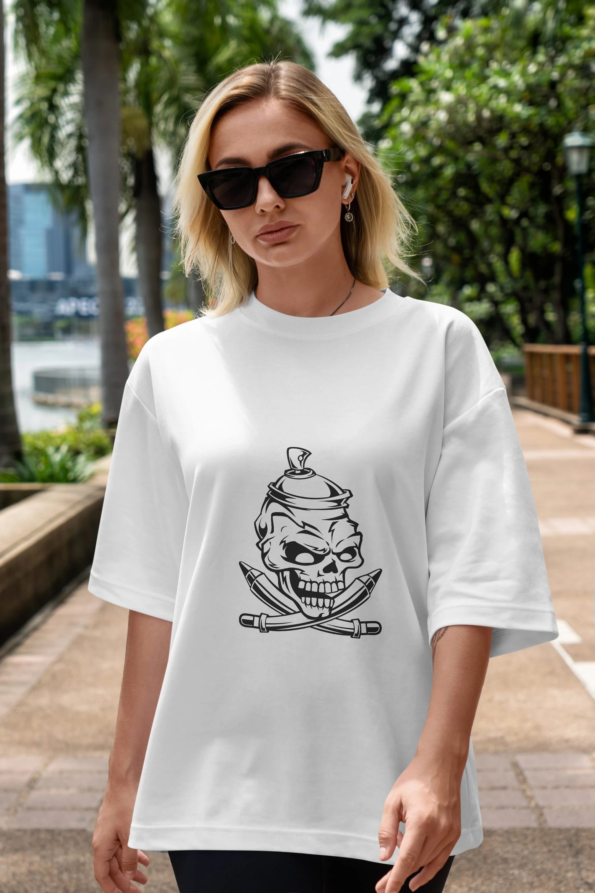 Skull Grafity Ön Baskılı Oversize t-shirt Erkek Kadın Unisex %100 Pamuk tişort