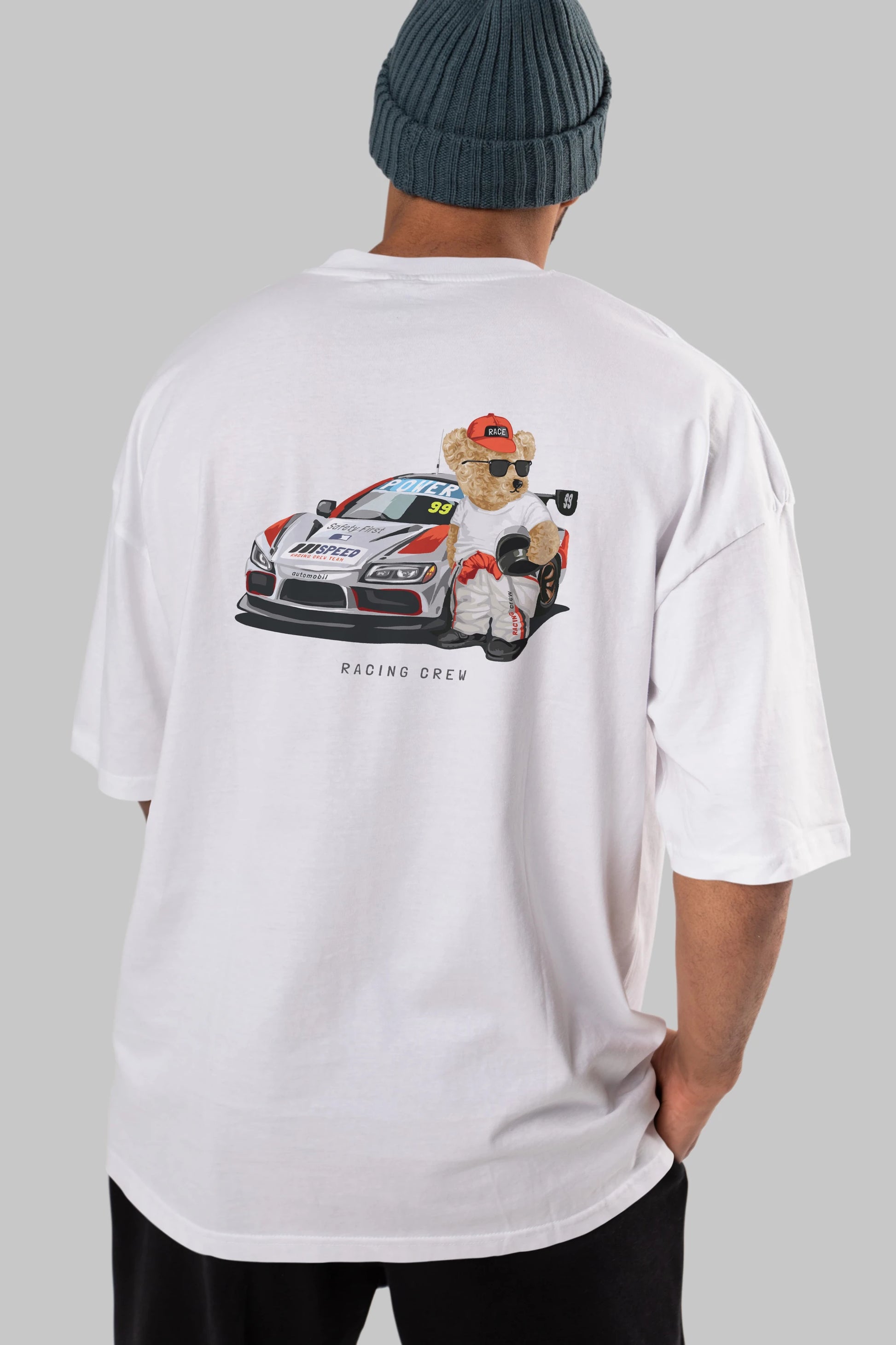 Teddy Bear Racing Crew Arka Baskılı Oversize t-shirt Erkek Kadın Unisex %100 Pamuk