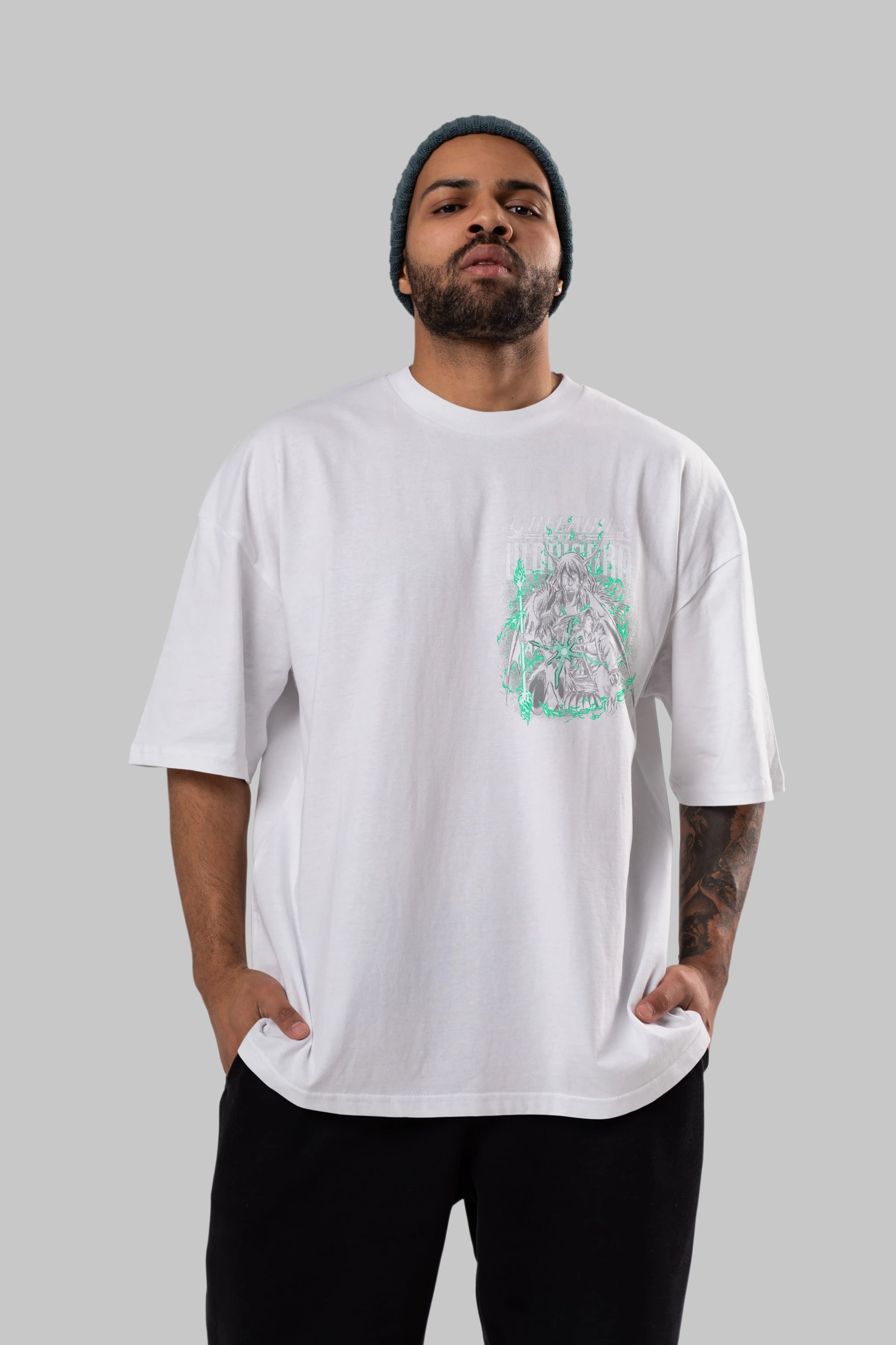 BLEACH(ULQUIARRA) Ön Sol Baskılı Oversize t-shirt Erkek Kadın Unisex %100 Pamuk Bisiklet Yaka tişort