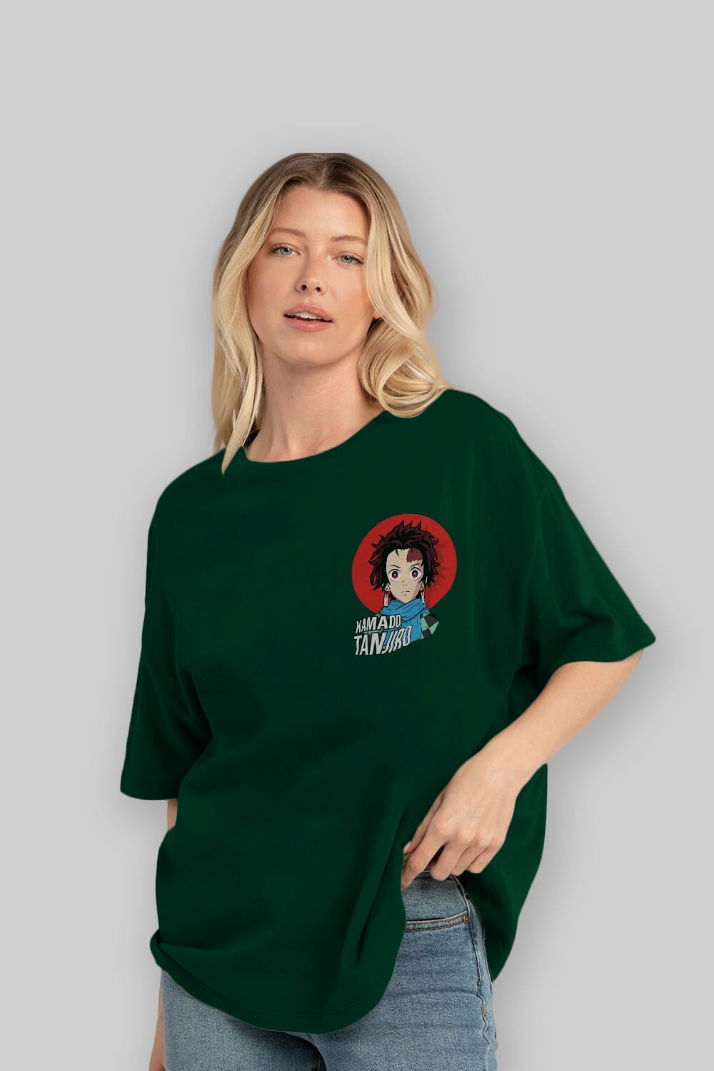TANJIRO KAMADO Ön Sol Baskılı Oversize t-shirt Erkek Kadın Unisex %100 Pamuk Bisiklet Yaka tişort
