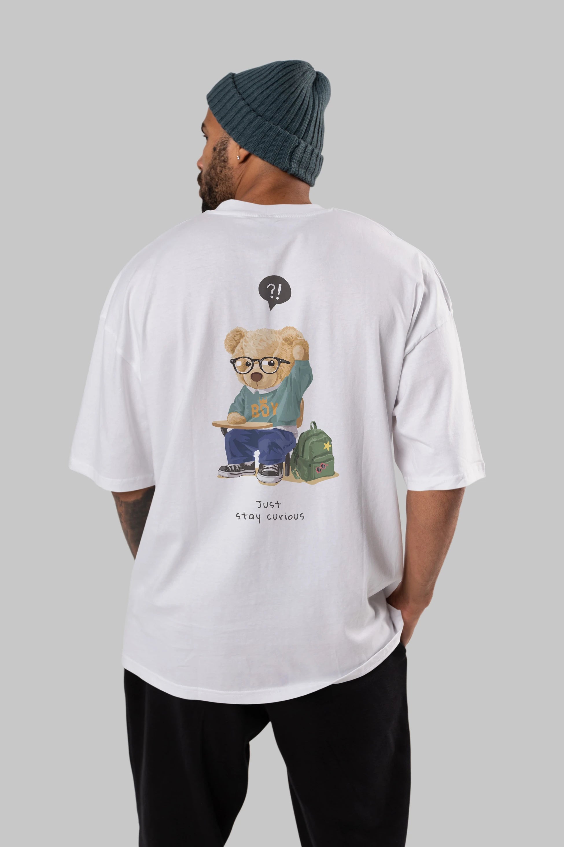 Teddy Bear Just Stay Curious Arka Baskılı Oversize t-shirt Erkek Kadın Unisex %100 Pamuk
