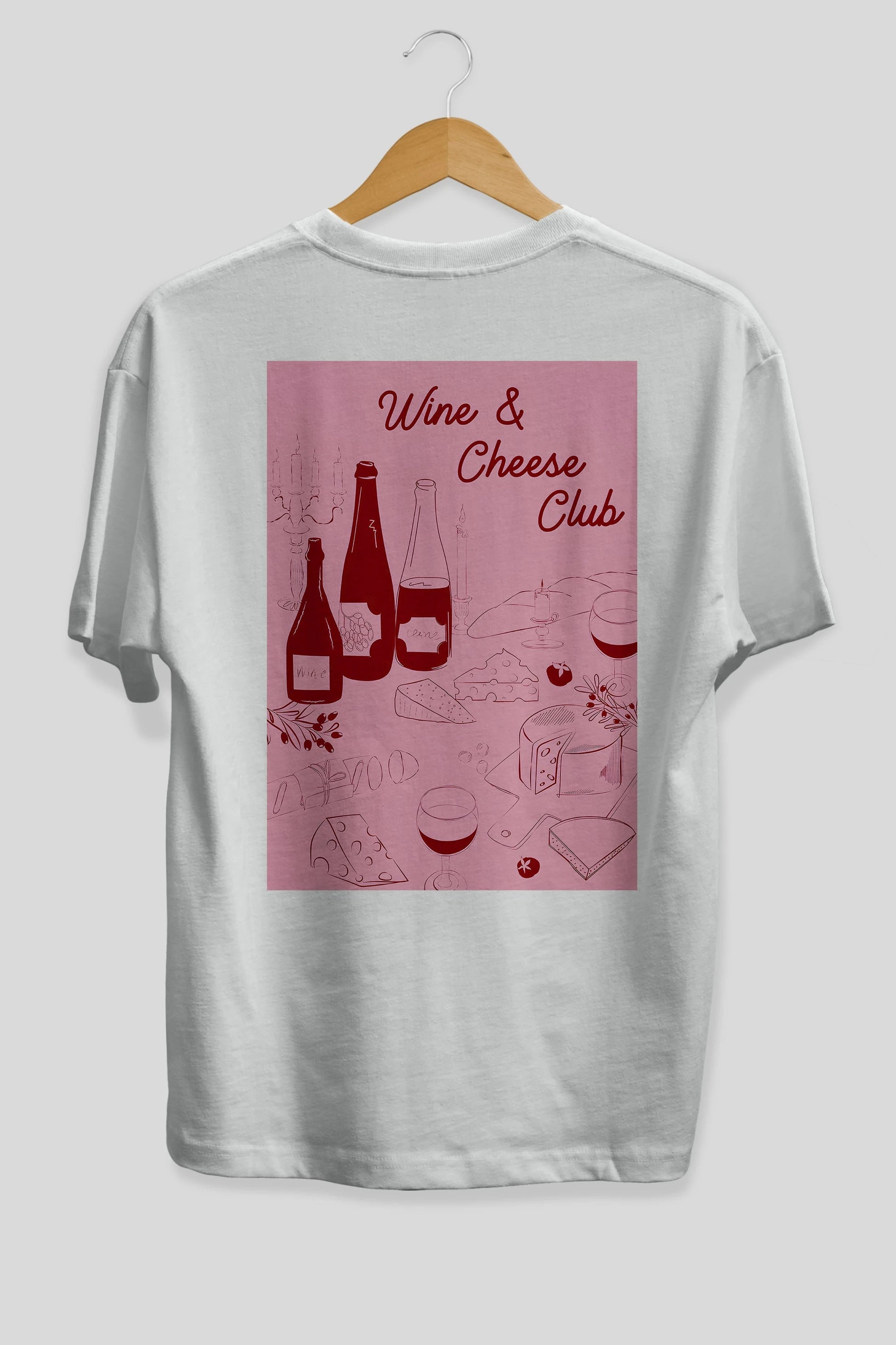 Wine Cheese Club Arka Baskılı Oversize t-shirt Erkek Kadın Unisex %100 Pamuk Bisiklet Yaka tişort