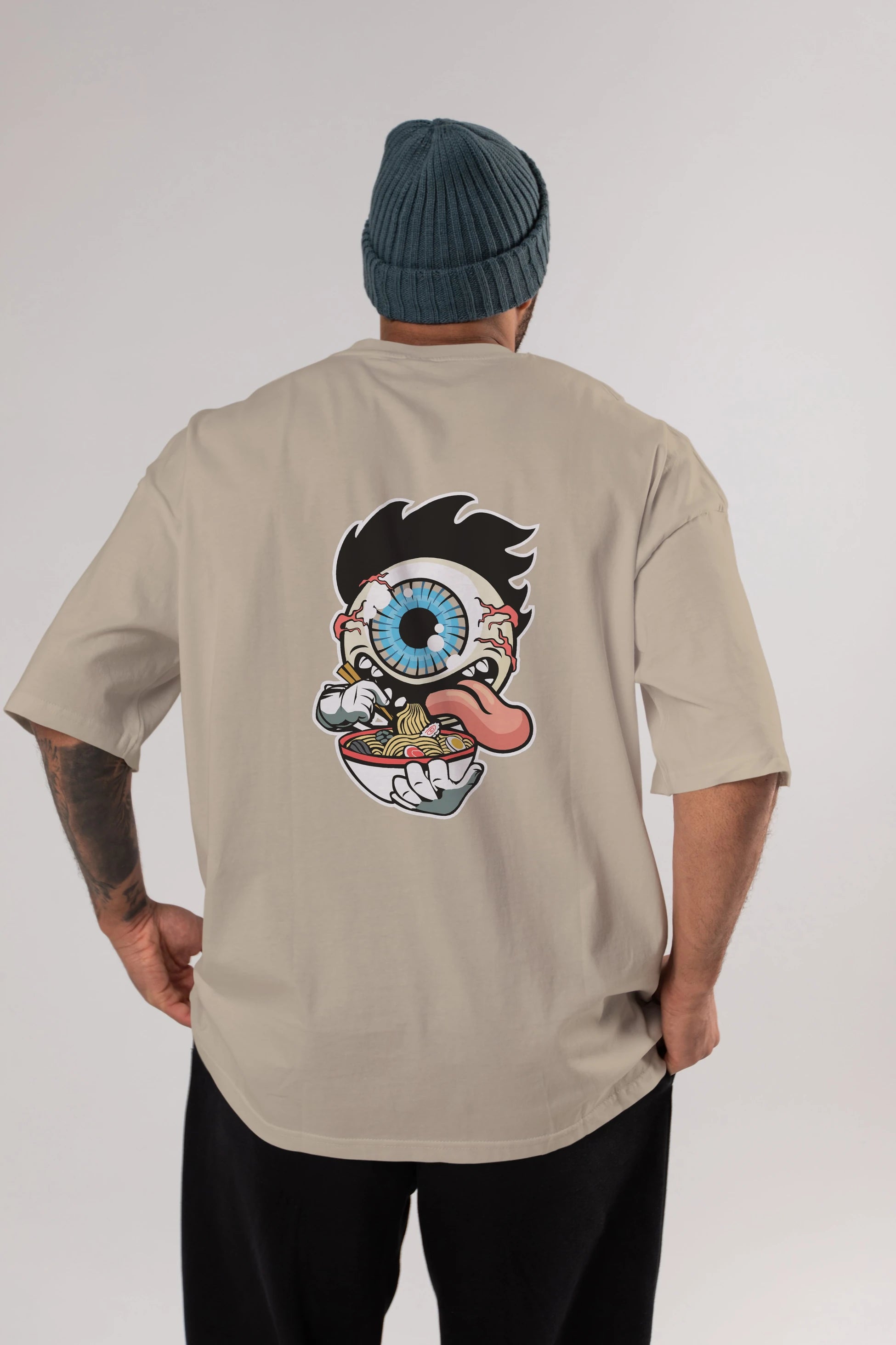 Eyeball Ramen Arka Baskılı Oversize t-shirt Erkek Kadın Unisex %100 Pamuk tişort