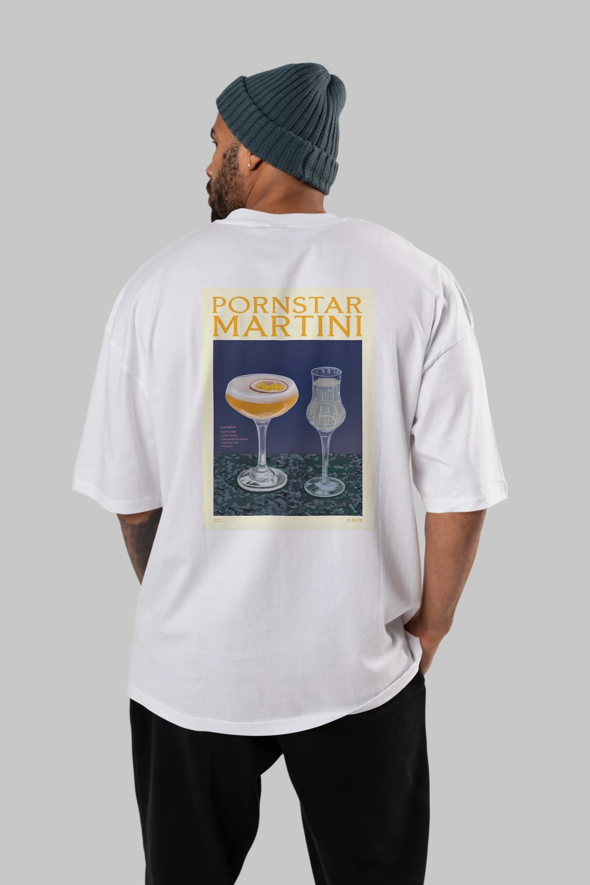 P.rnstar Martini Arka Baskılı Oversize t-shirt Erkek Kadın Unisex %100 Pamuk Bisiklet Yaka tişort