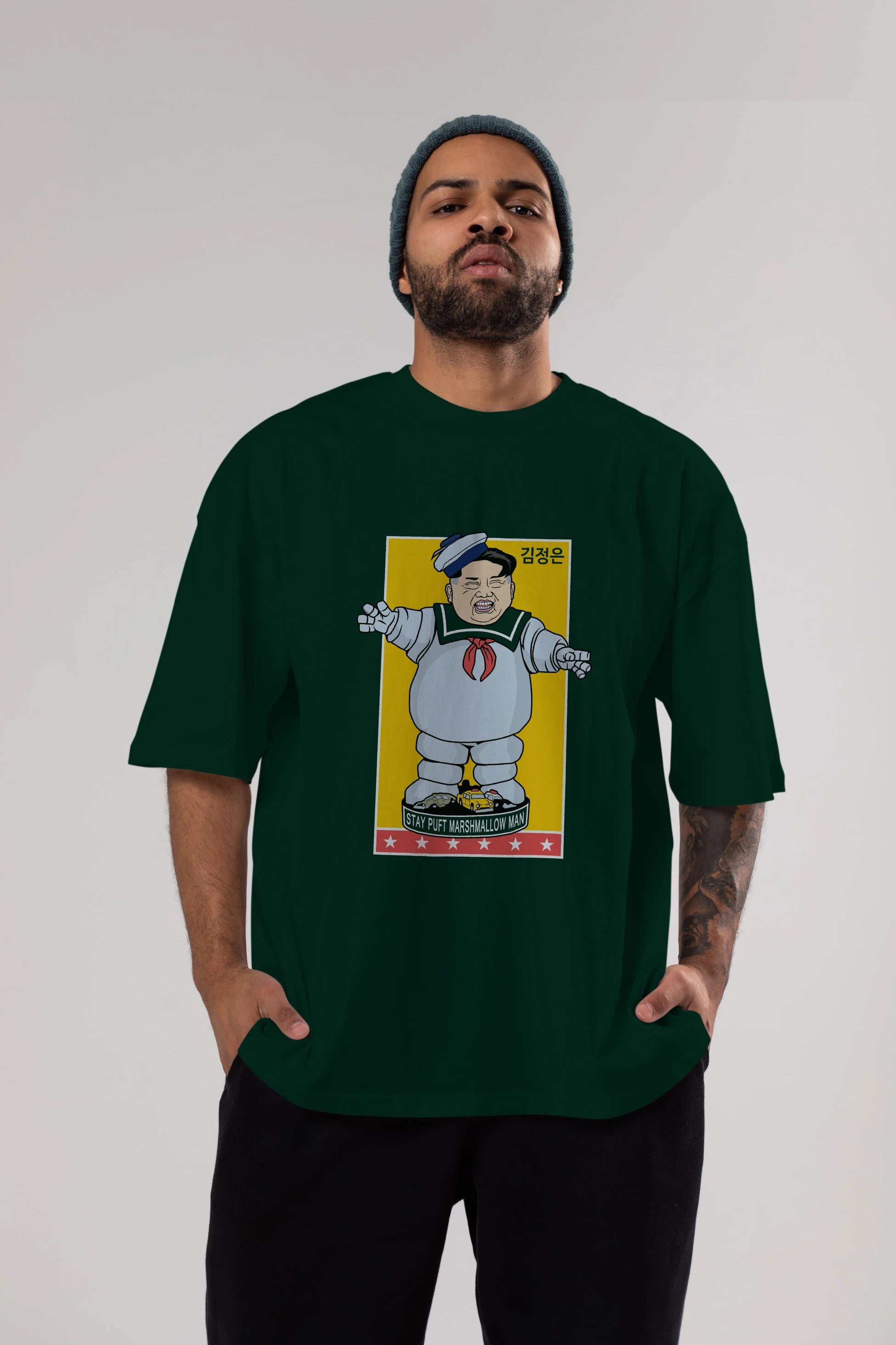 Stay Puft Jong Un Ön Baskılı Oversize t-shirt Erkek Kadın Unisex %100 Pamuk tişort