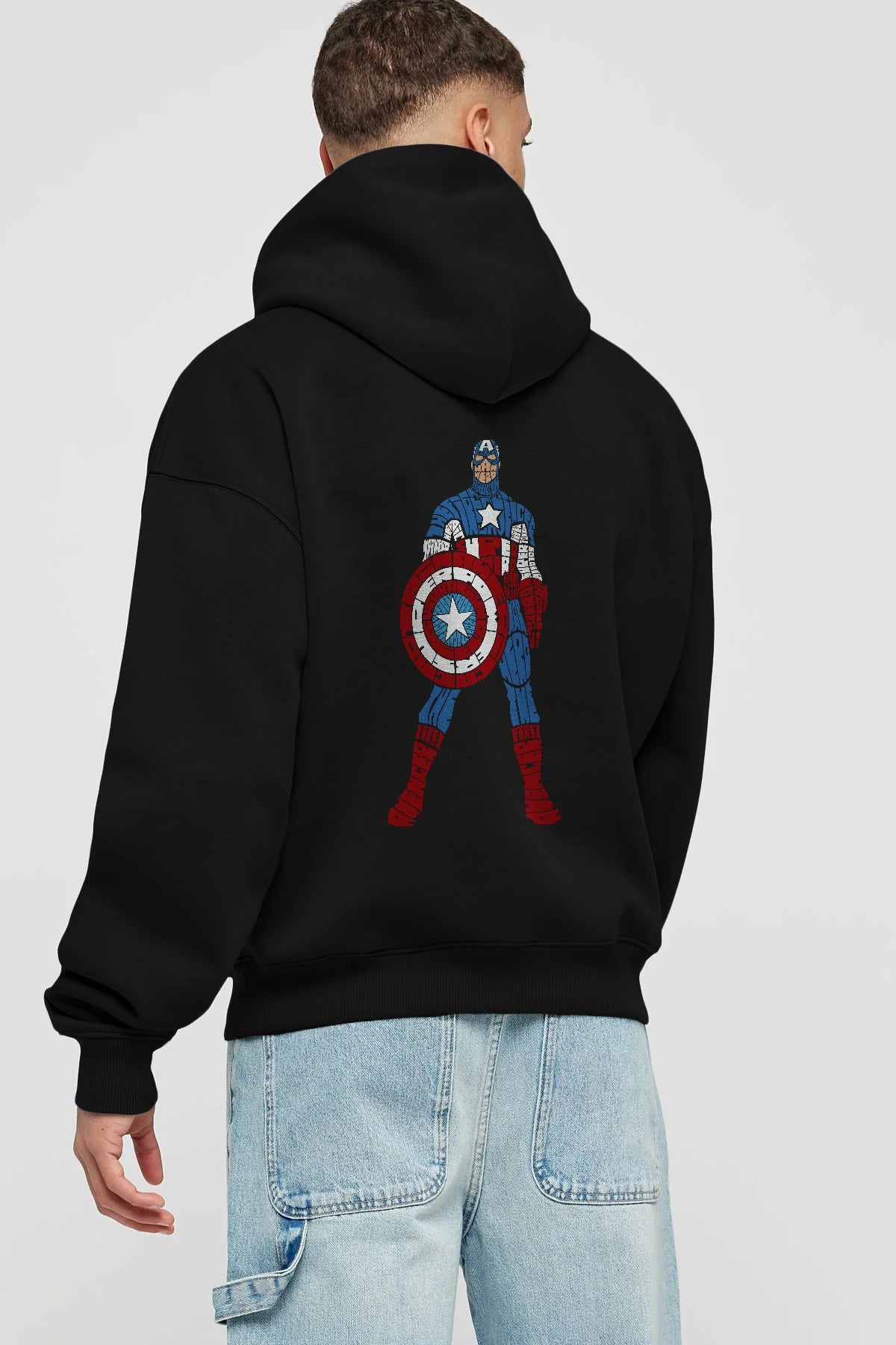 Captain America Arka Baskılı Hoodie Oversize Kapüşonlu Sweatshirt Erkek Kadın Unisex