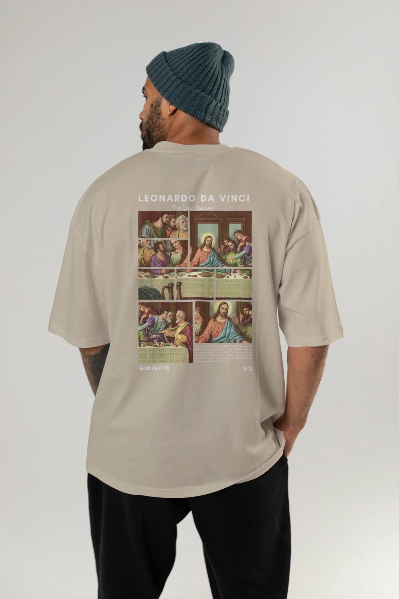 Leonardo Da Vinci Arka Baskılı Oversize t-shirt Erkek Kadın Bisiklet Yaka Pamuk tişort