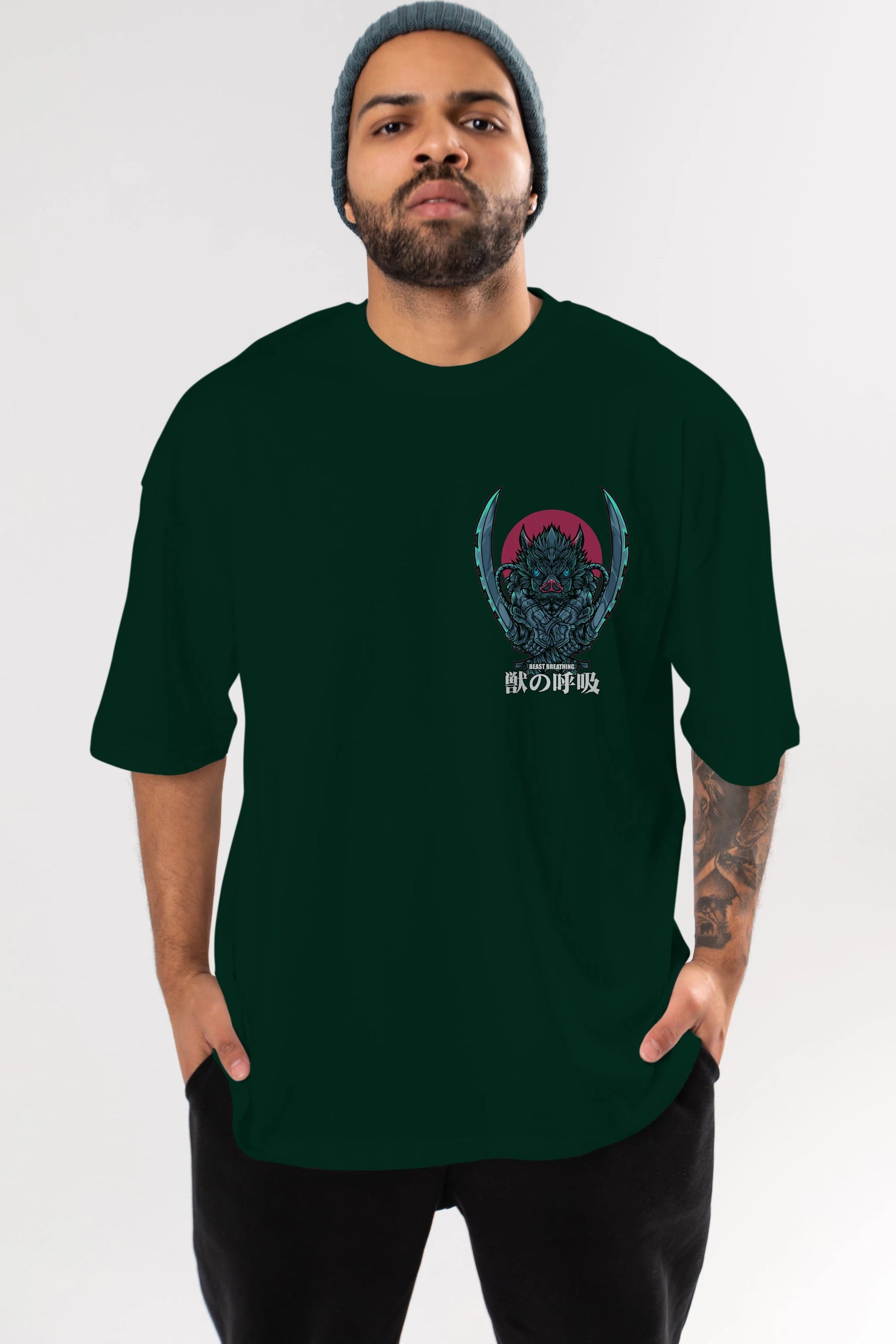 Inosuke DEMON SLAYER Ön Sol Baskılı Oversize t-shirt Erkek Kadın Unisex %100 Pamuk Bisiklet Yaka tişort