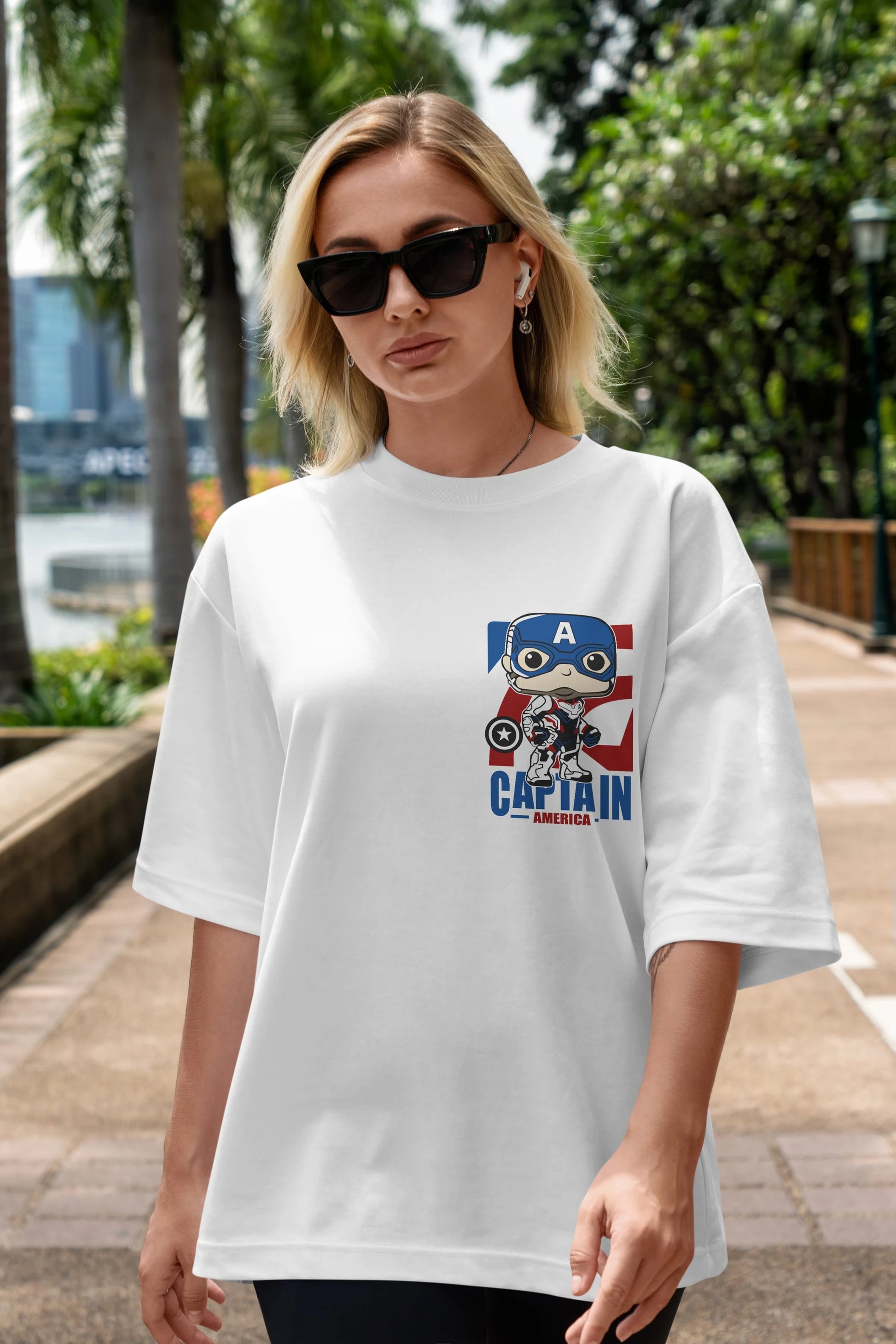 Captain America Ön Sol Baskılı Oversize t-shirt Erkek Kadın Unisex %100 Pamuk Bisiklet Yaka tişort