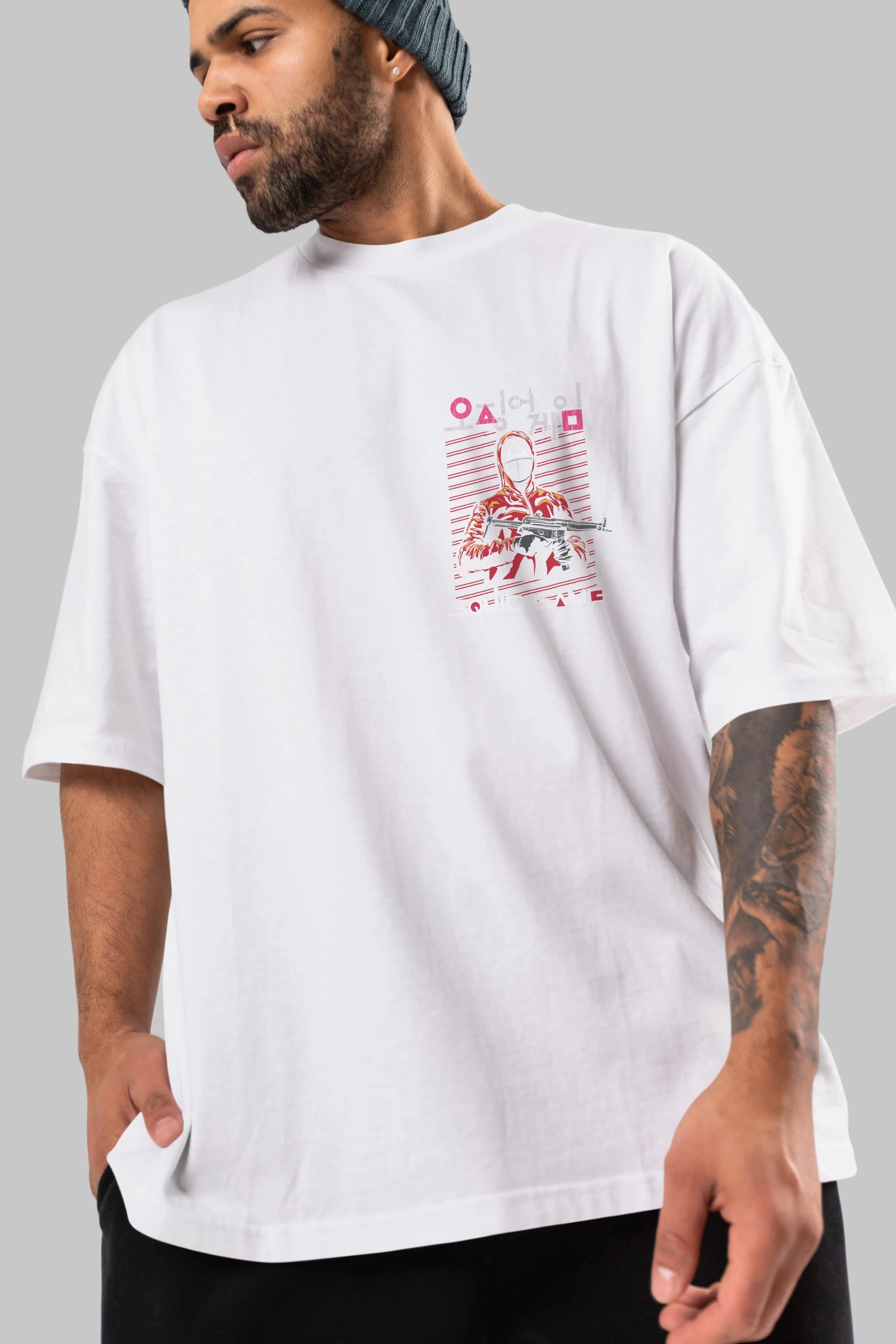 Squid Game (2) Ön Sol Baskılı Oversize t-shirt Erkek Kadın Unisex %100 Pamuk Bisiklet Yaka tişort