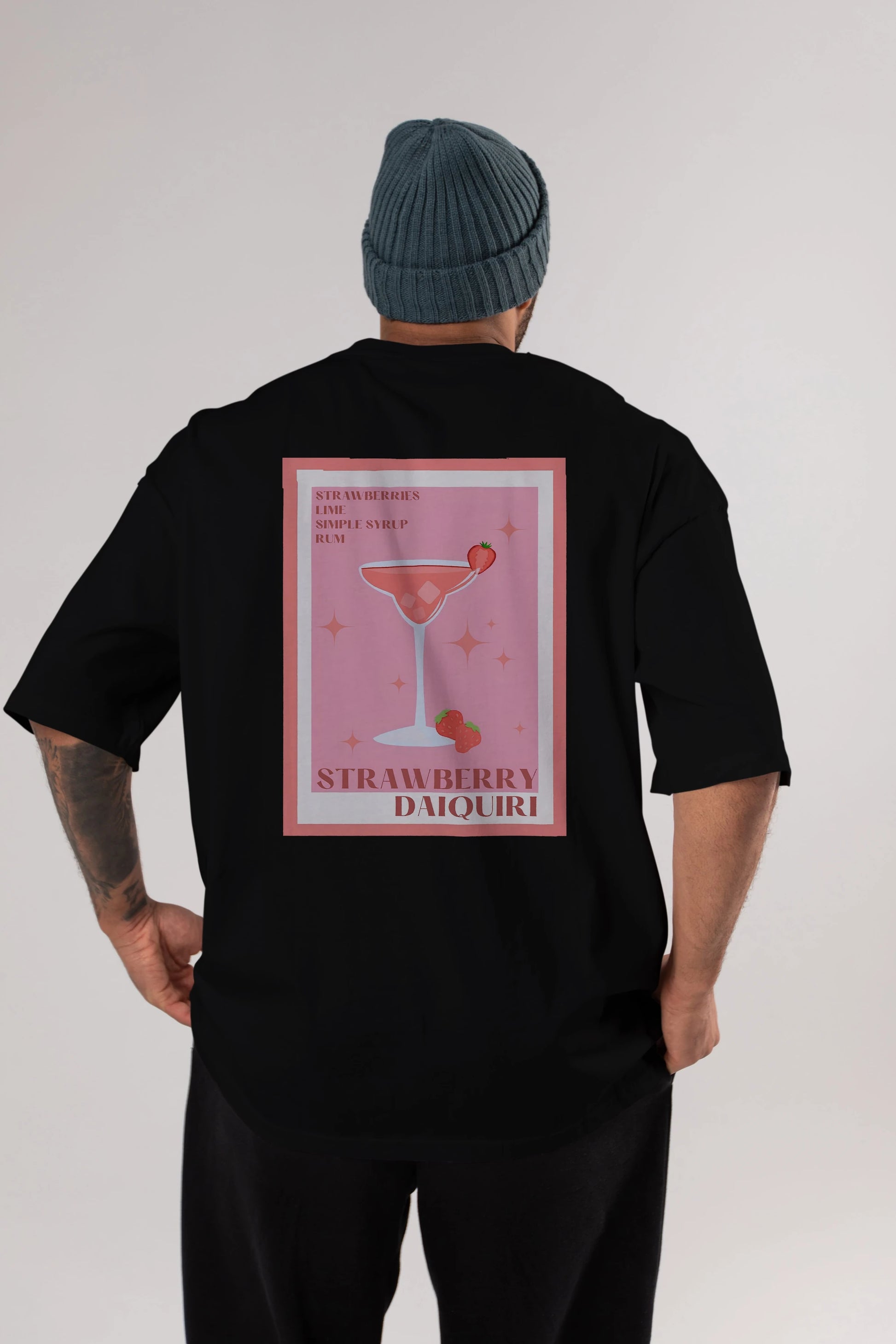 Strawberry Daiquiri Arka Baskılı Oversize t-shirt Erkek Kadın Unisex %100 Pamuk Bisiklet Yaka tişort