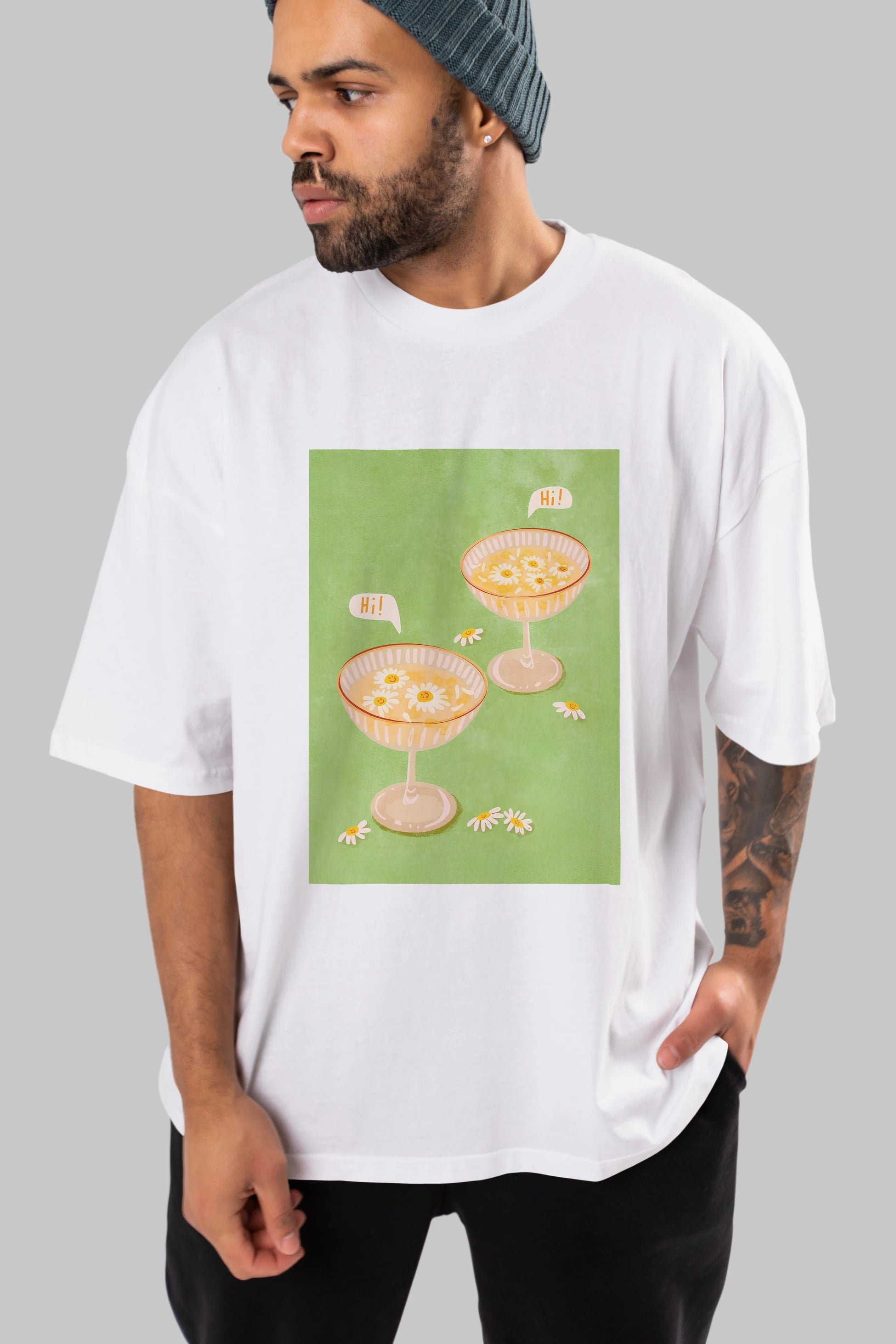 Hi Cheers Ön Baskılı Oversize t-shirt Erkek Kadın Unisex %100 Pamuk Bisiklet Yaka tişort