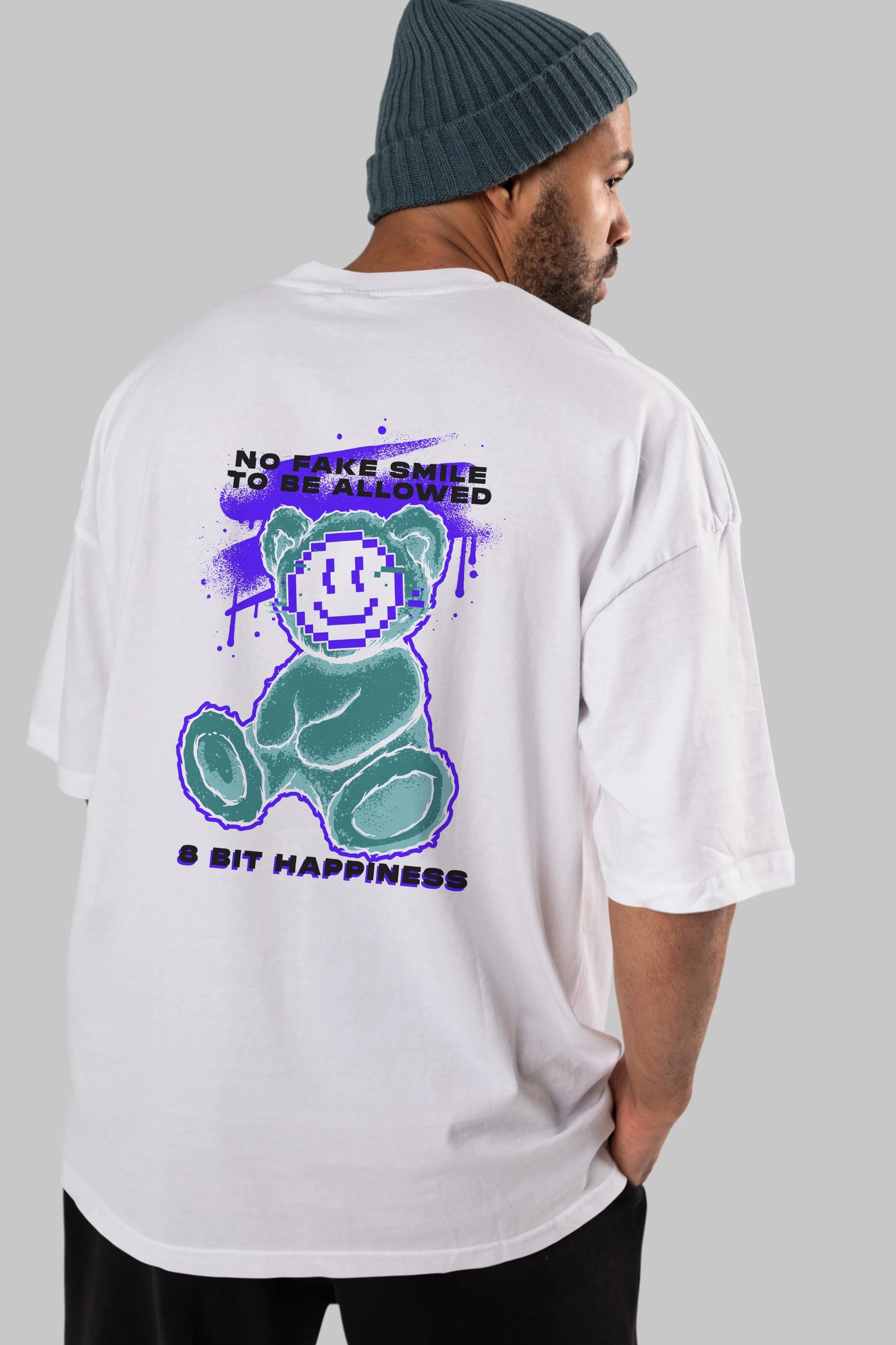 No Fake Smile Bear Arka Baskılı Oversize t-shirt Erkek Kadın Unisex