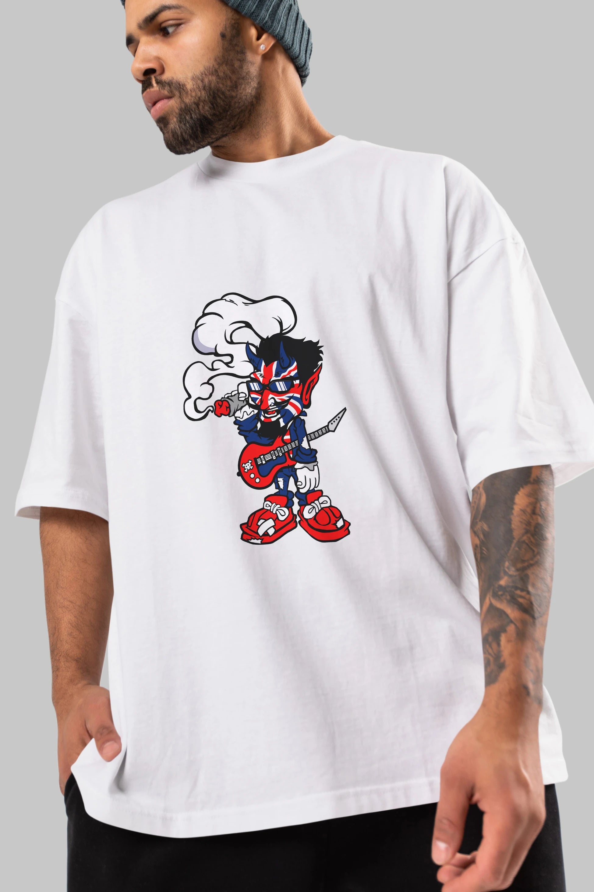 Uk Devil Rockstar Ön Baskılı Oversize t-shirt Erkek Kadın Unisex %100 Pamuk tişort