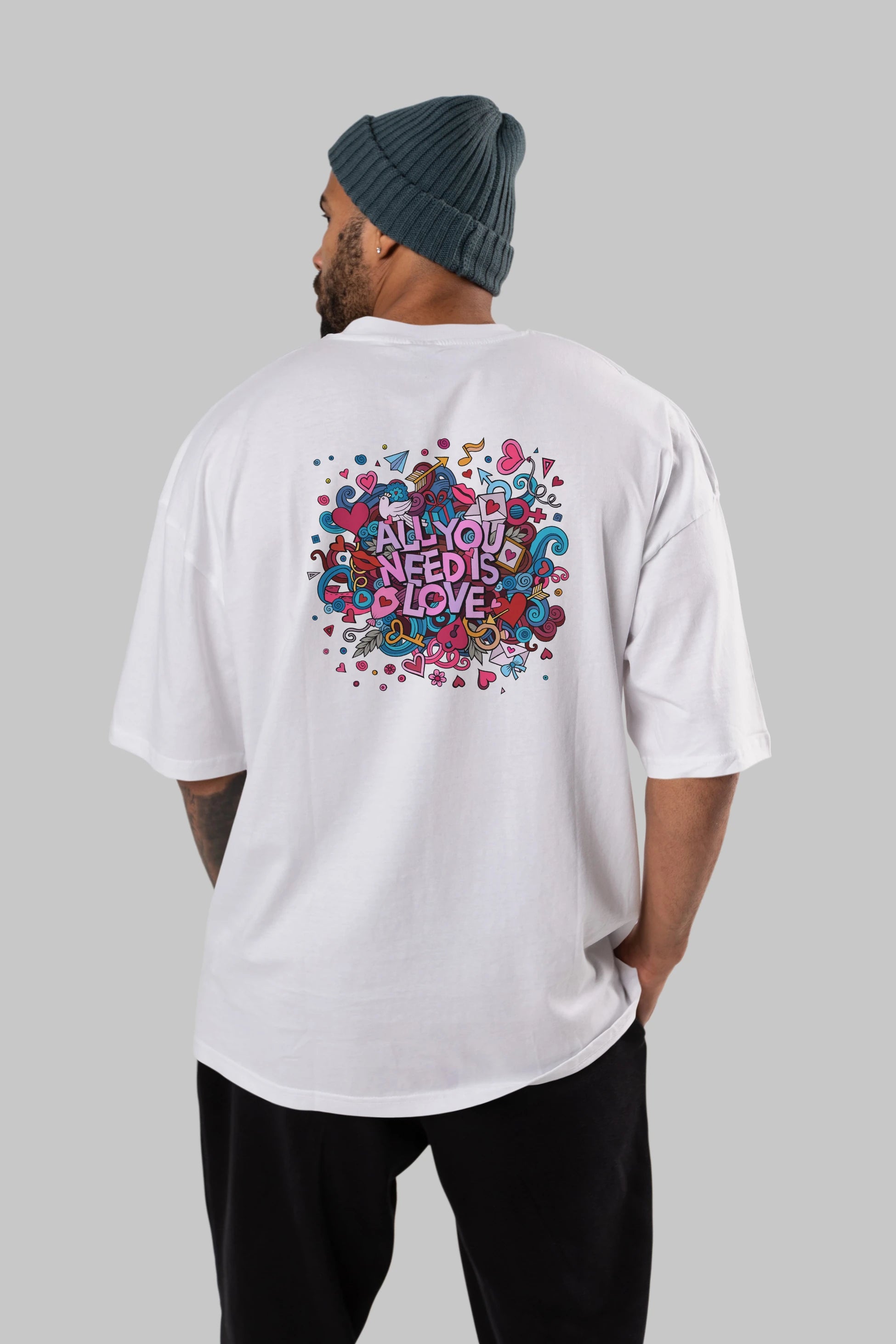 Cute Fun Colorful Heart Art Love Arka Baskılı Oversize t-shirt Erkek Kadın Unisex