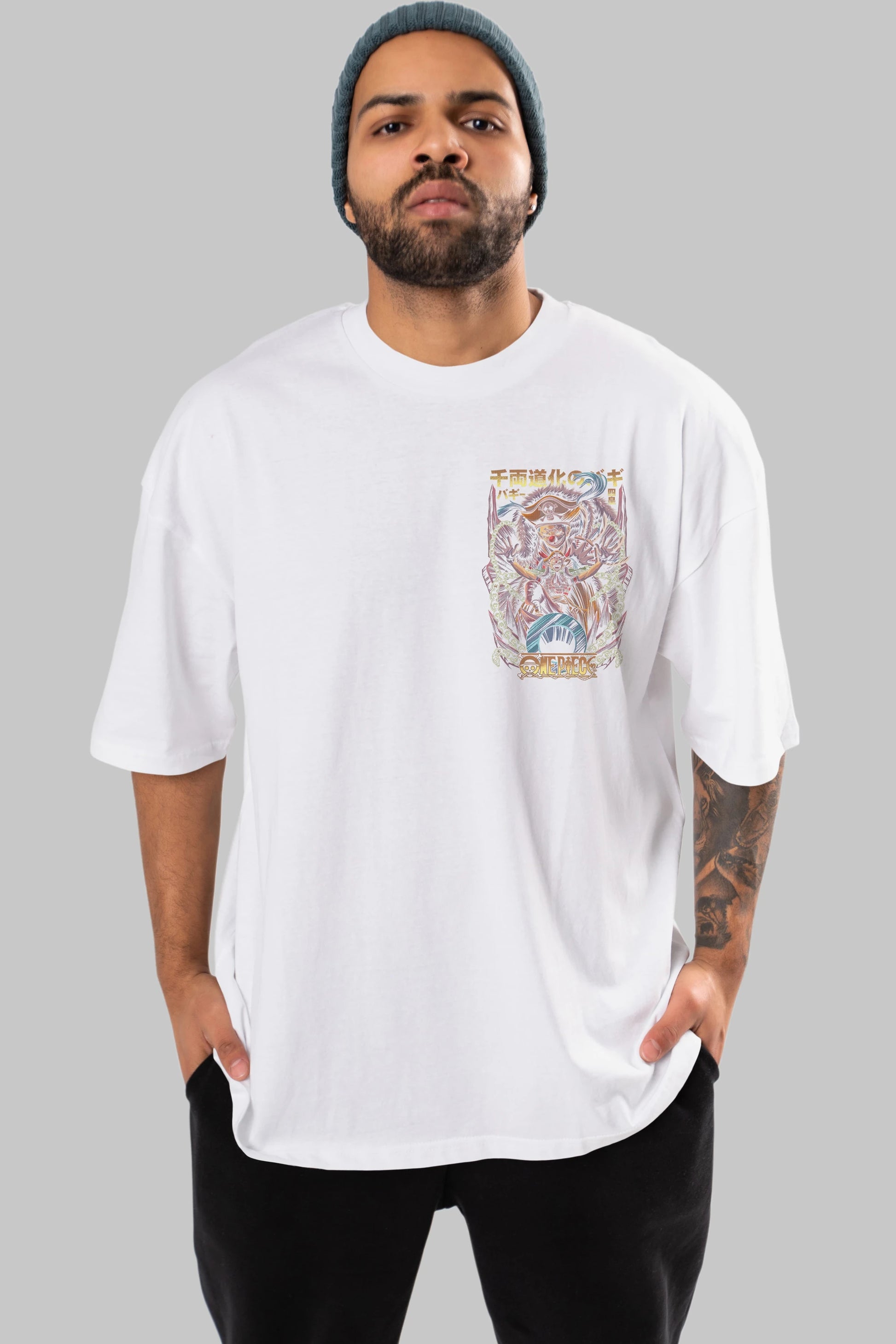 ONE PIECE (5) Ön Sol Baskılı Oversize t-shirt Erkek Kadın Unisex %100 Pamuk Bisiklet Yaka tişort