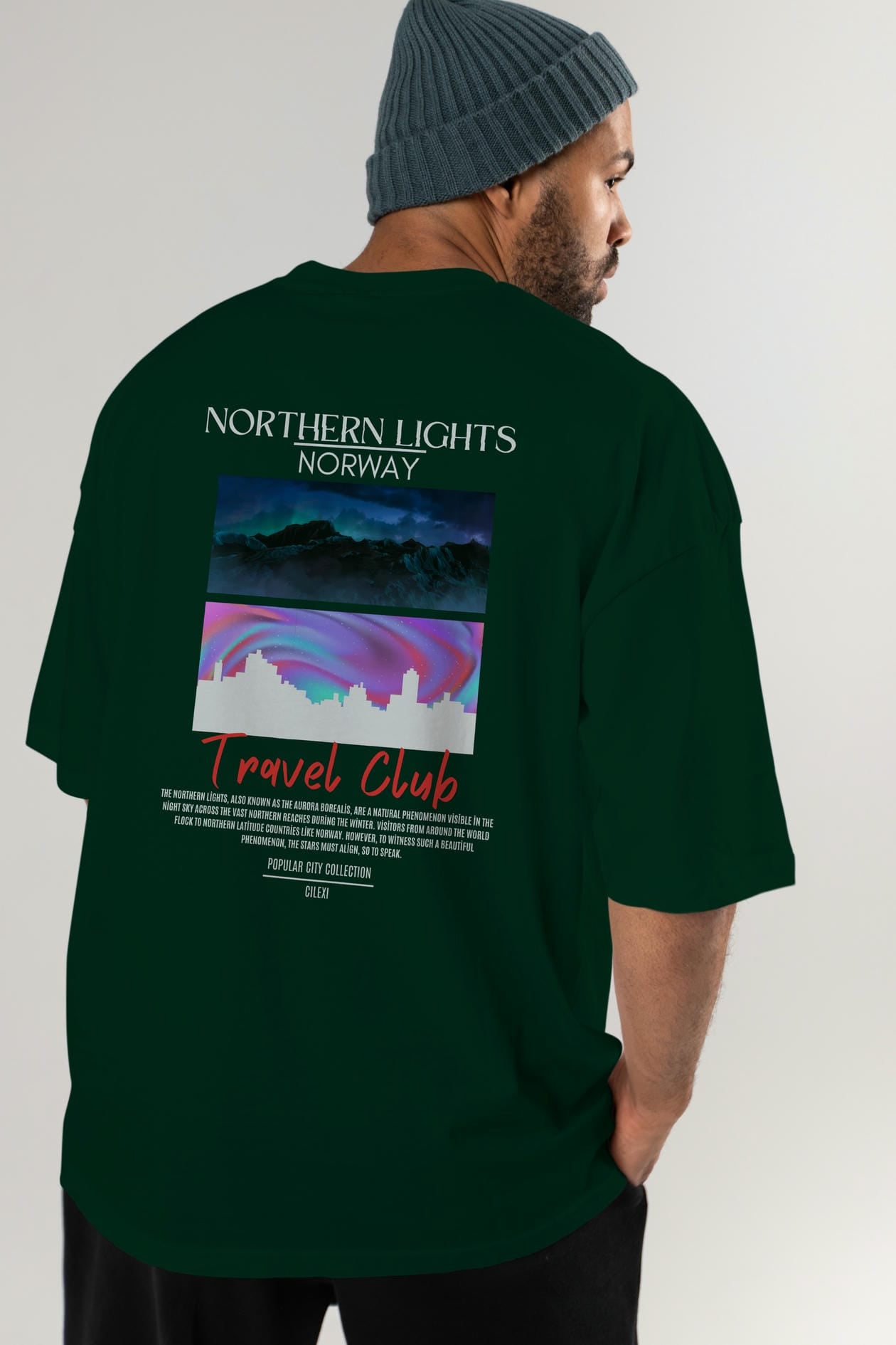 Northern Lights Norway Arka Baskılı Oversize t-shirt Erkek Kadın Pamuk Bisiklet Yaka tişort