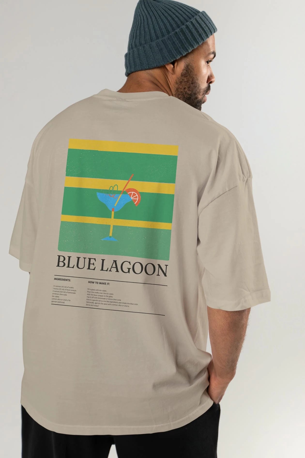 Blue Lagoon Kokteyl Serisi Arka Baskılı Oversize t-shirt Erkek Kadın %100 Pamuk Bisiklet Yaka tişort