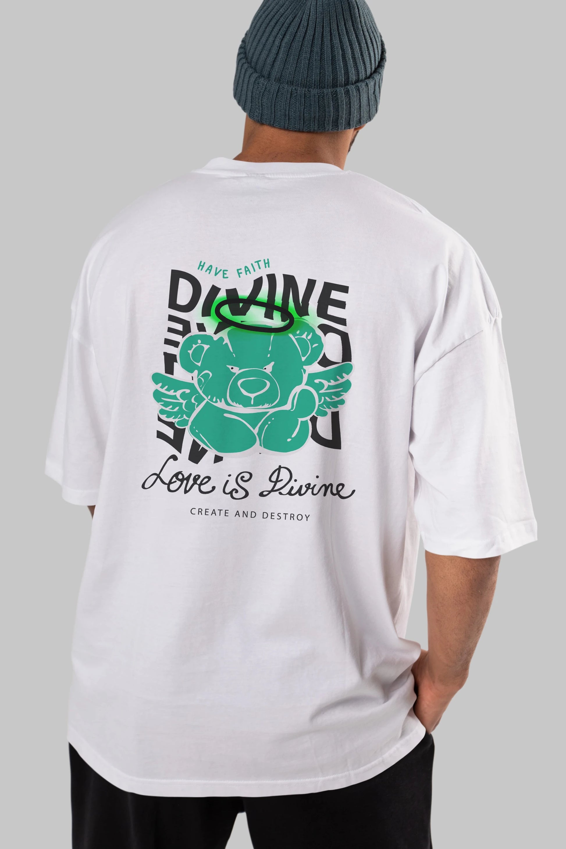 Love is Divine Bear Arka Baskılı Oversize t-shirt Erkek Kadın Unisex